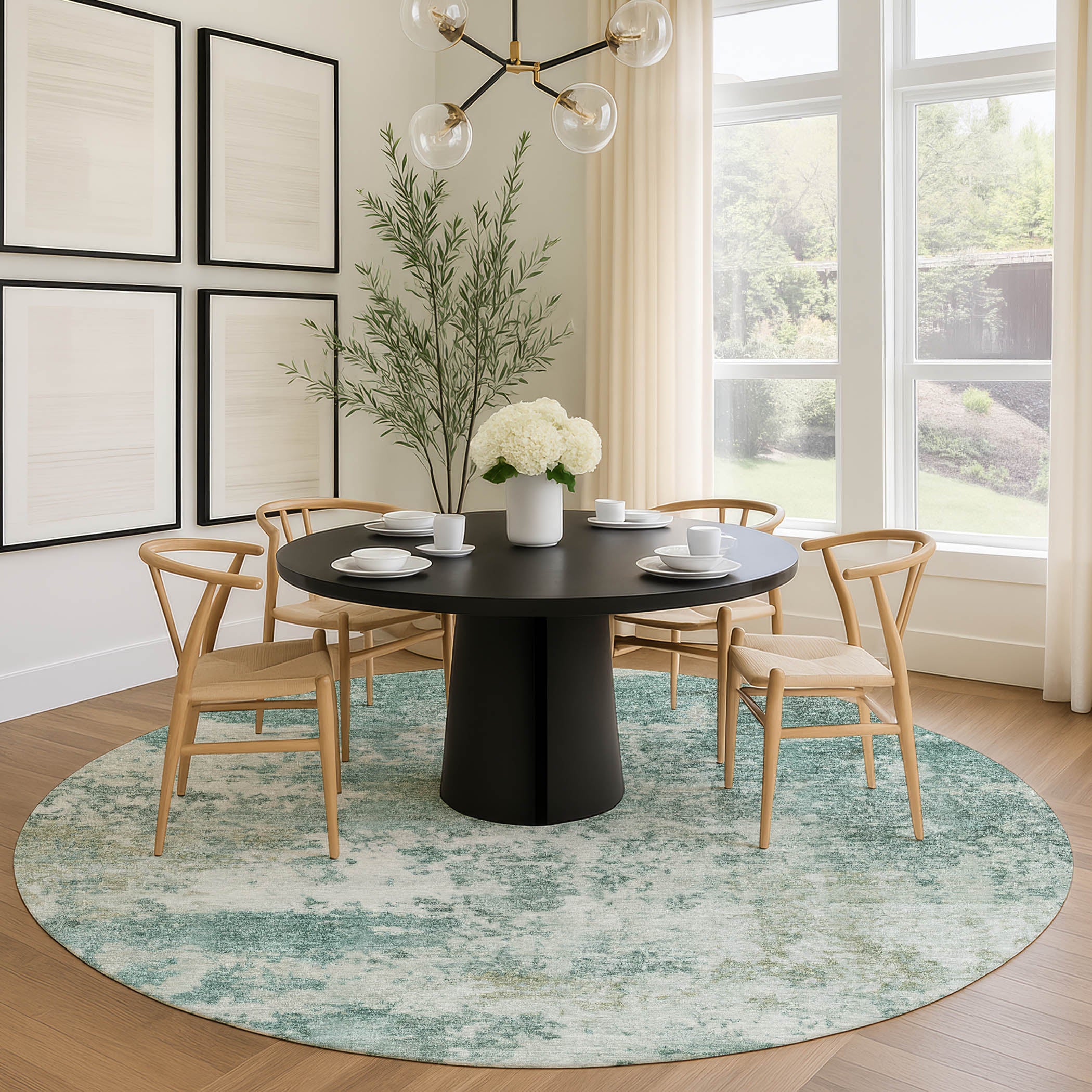 Split Machine Washable Transitional Aqua Teal Rug 8' x 8' #shape_Round