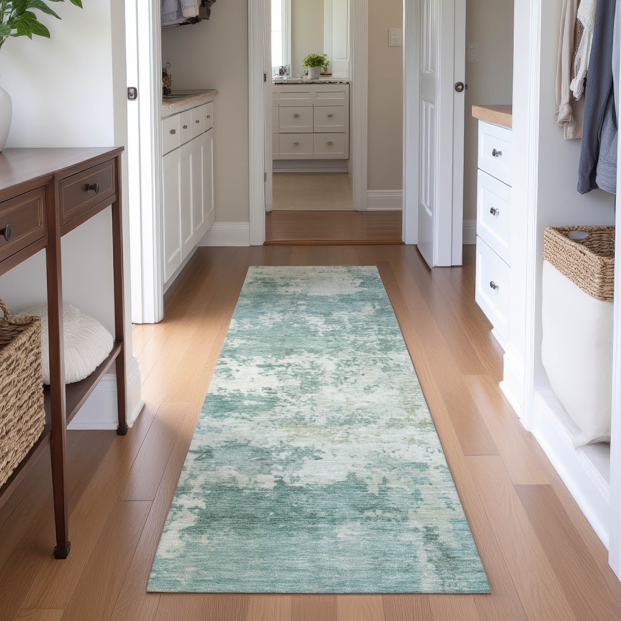 Split Machine Washable Transitional Aqua Teal Rug 2'3" x 7'6" #shape_Runner