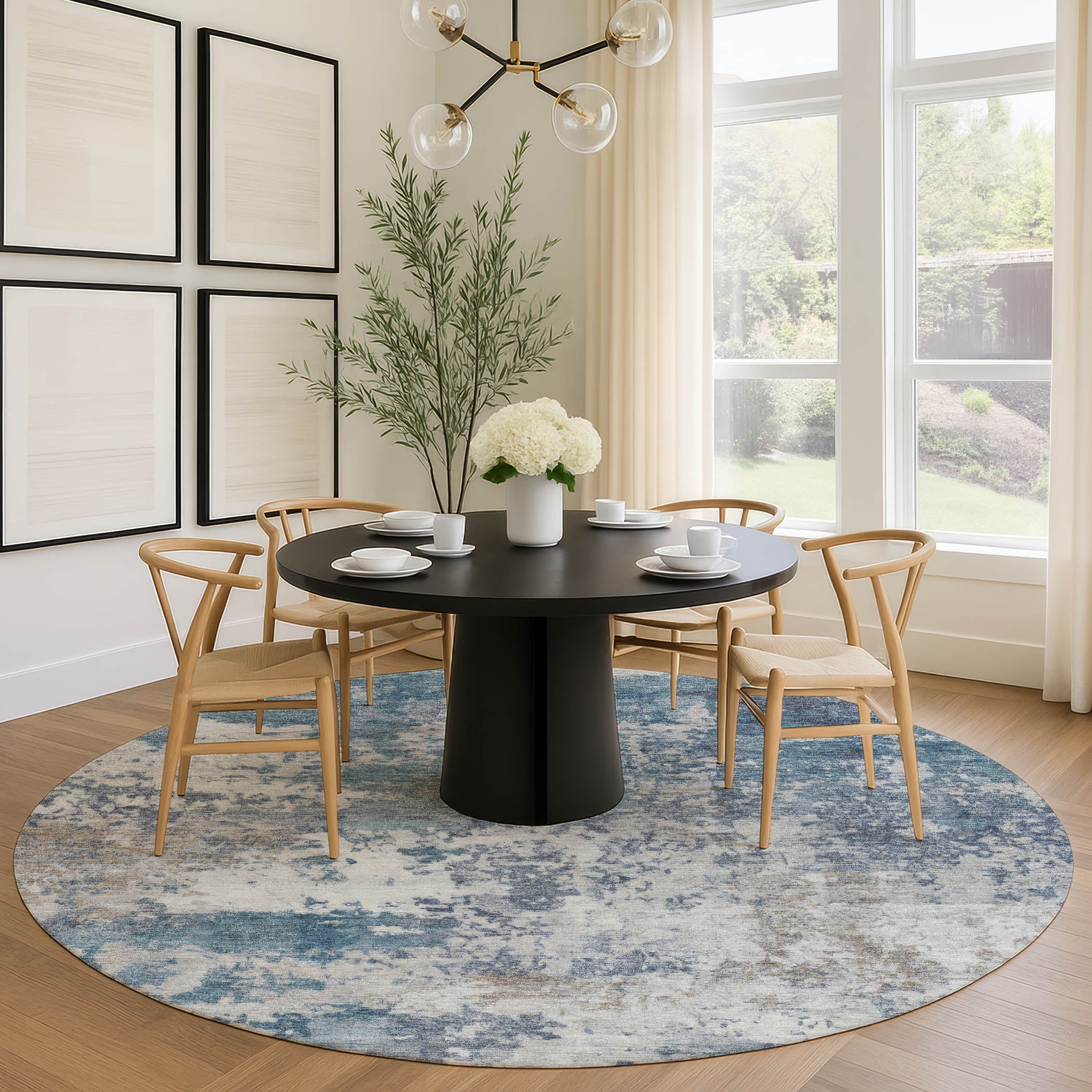 Split Machine Washable Transitional Blue Rug 8' x 8' #shape_Round