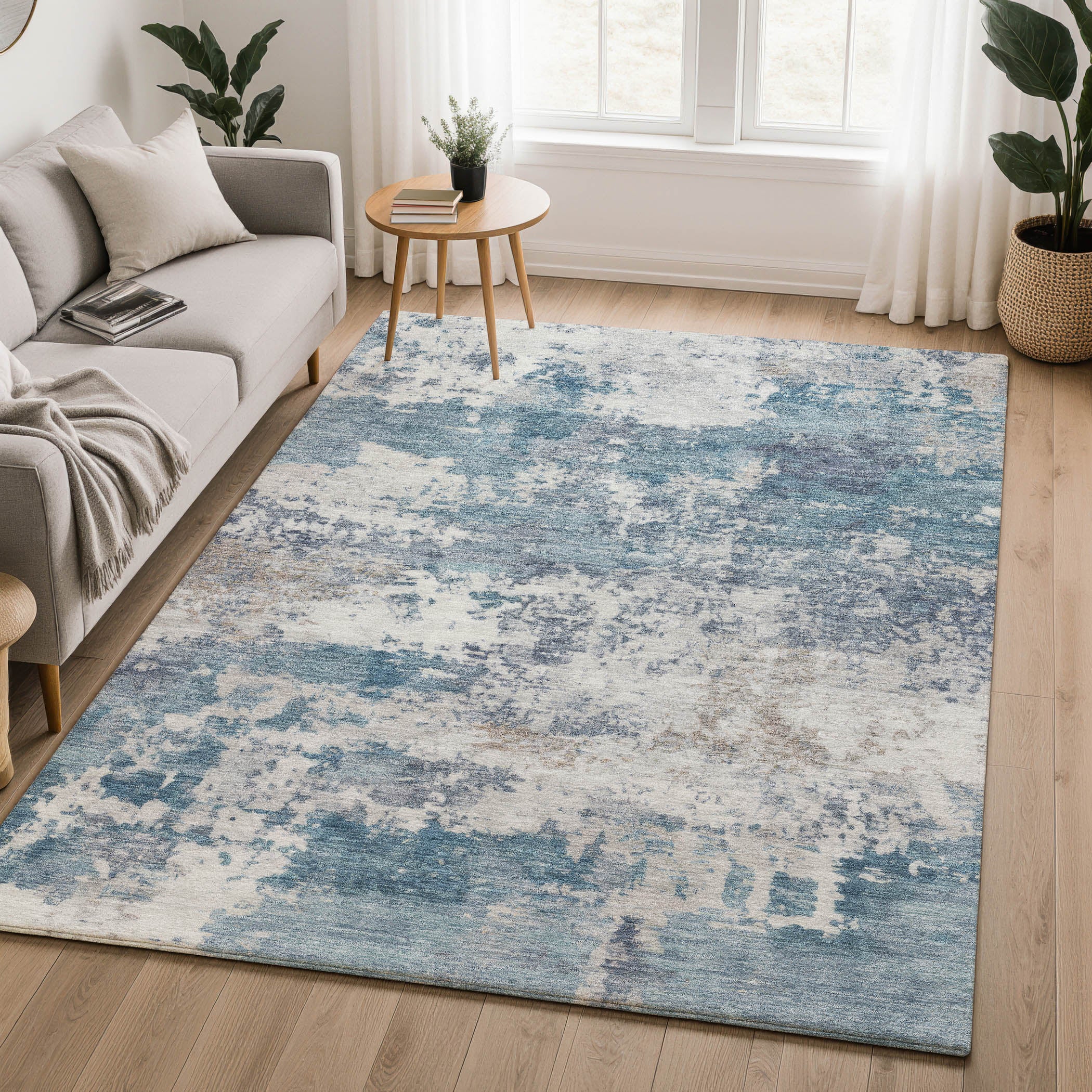 Split Machine Washable Transitional Blue Rug 3' x 5' #shape_Rectangle