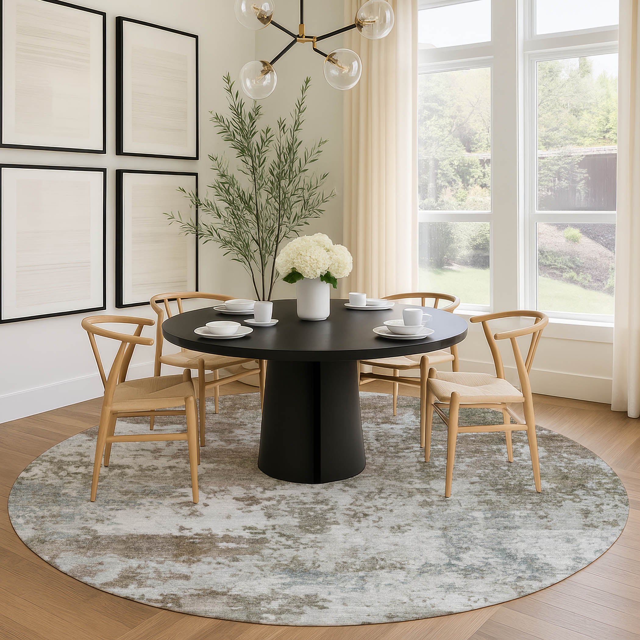Split Machine Washable Transitional Brown Rug 8' x 8' #shape_Round