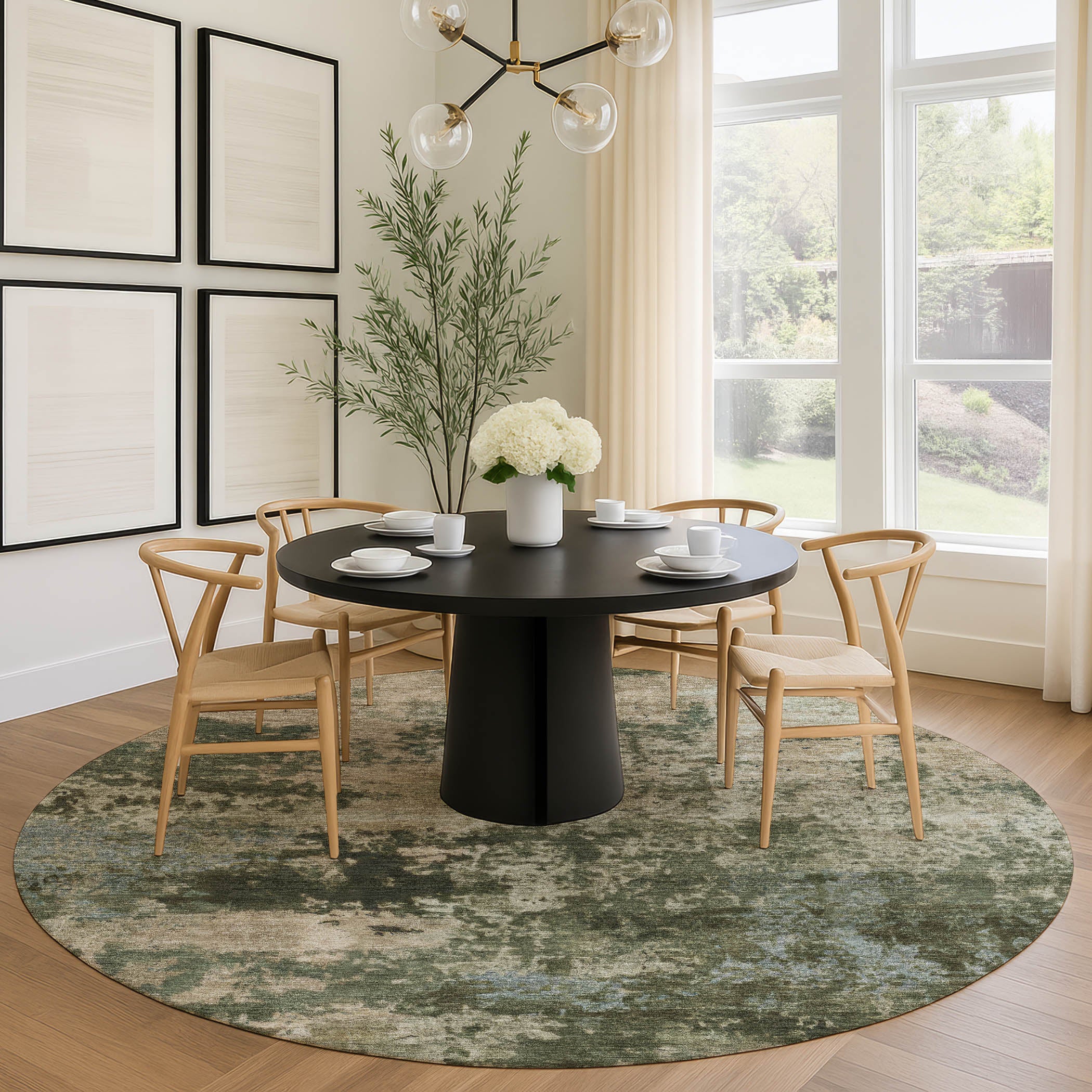 Split Machine Washable Transitional Olive Green Rug 8' x 8' #shape_Round
