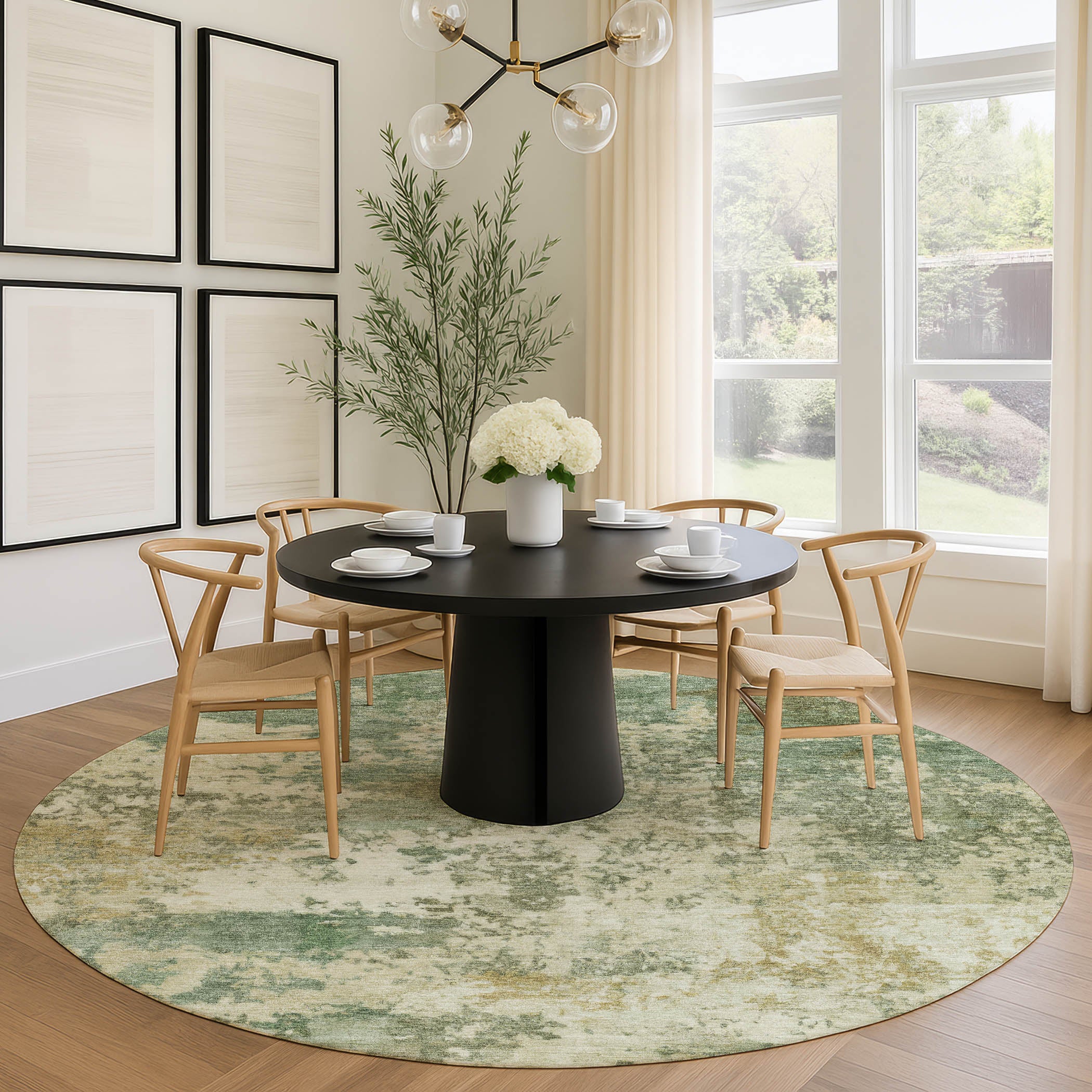 Split Machine Washable Transitional Sage Green Rug 8' x 8' #shape_Round