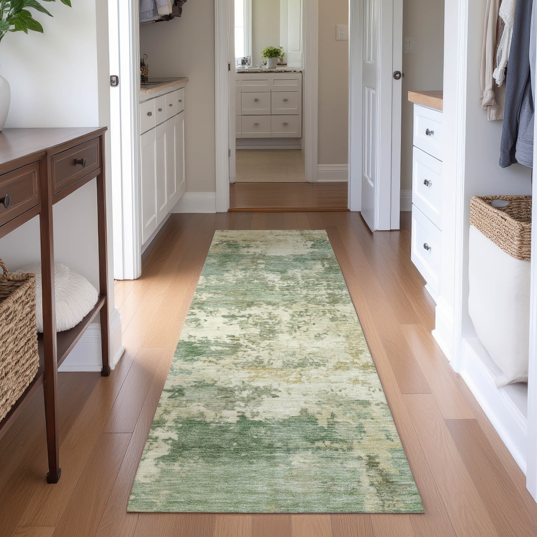 Split Machine Washable Transitional Sage Green Rug 2'3" x 7'6" #shape_Runner