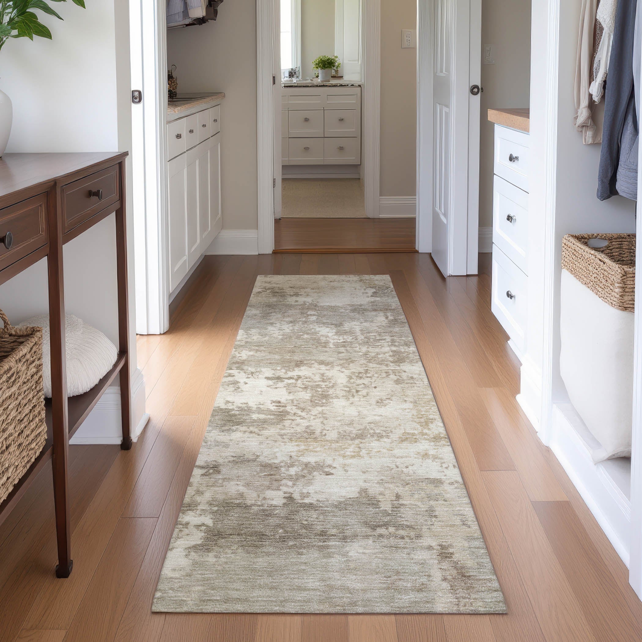 Split Machine Washable Transitional Taupe Brown Rug 2'3" x 7'6" #shape_Runner