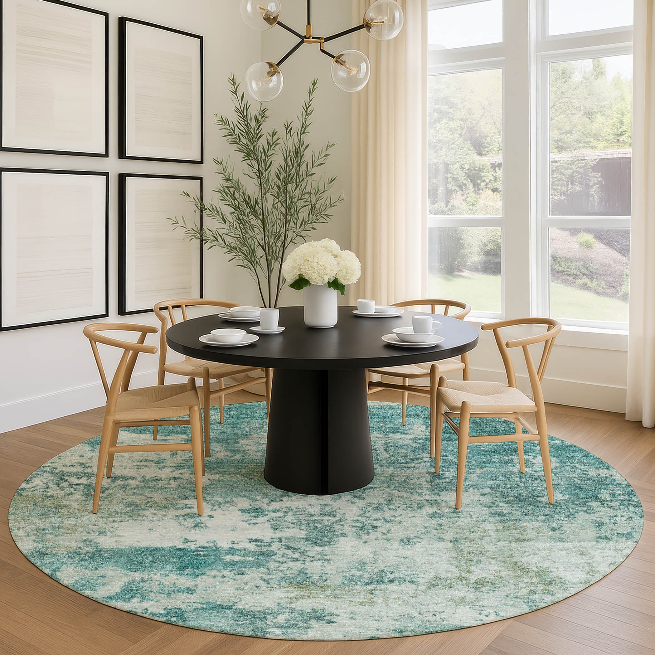 Split Machine Washable Traditional Teal Rug 8' x 8' #shape_Round