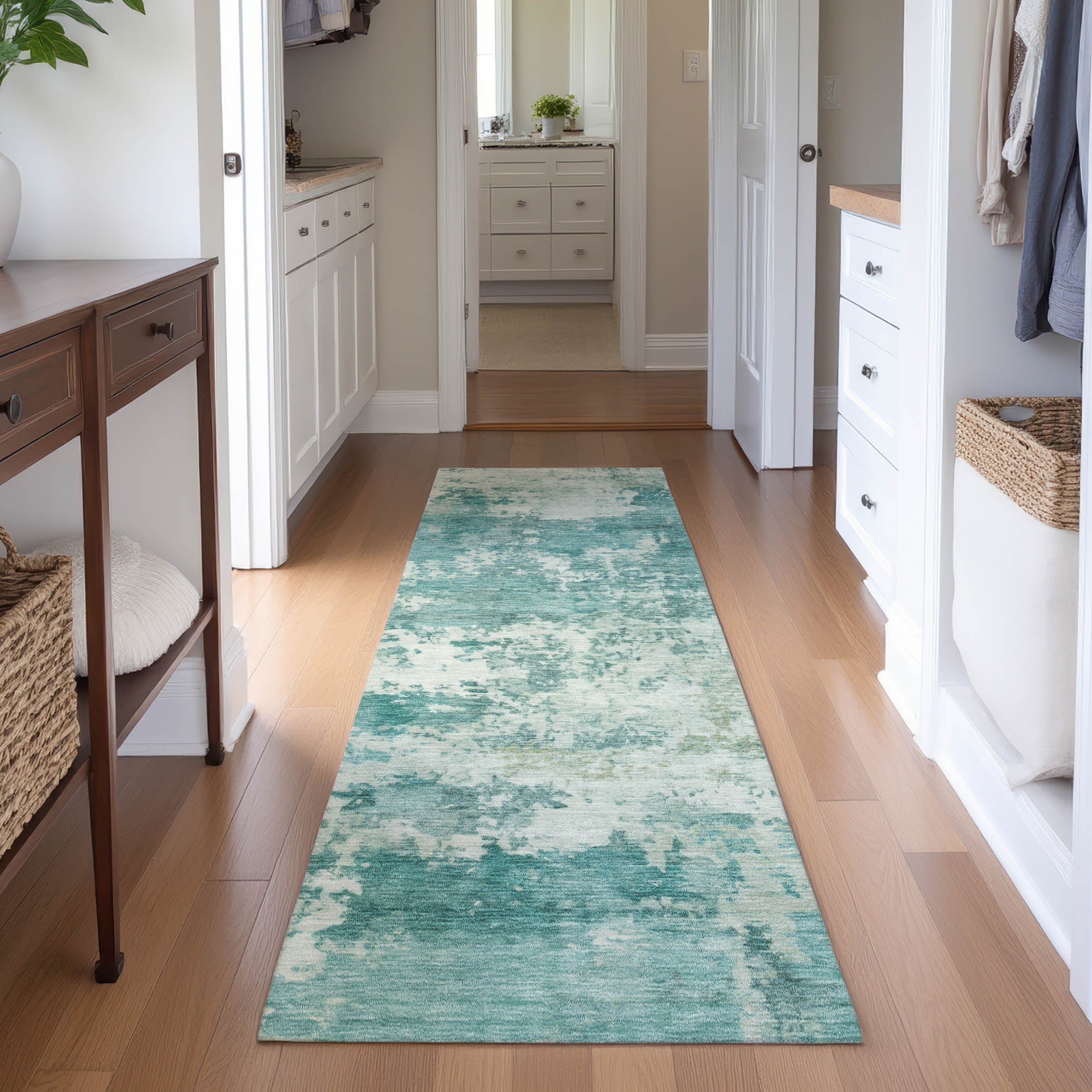 Split Machine Washable Traditional Teal Rug 2'3" x 7'6" #shape_Runner