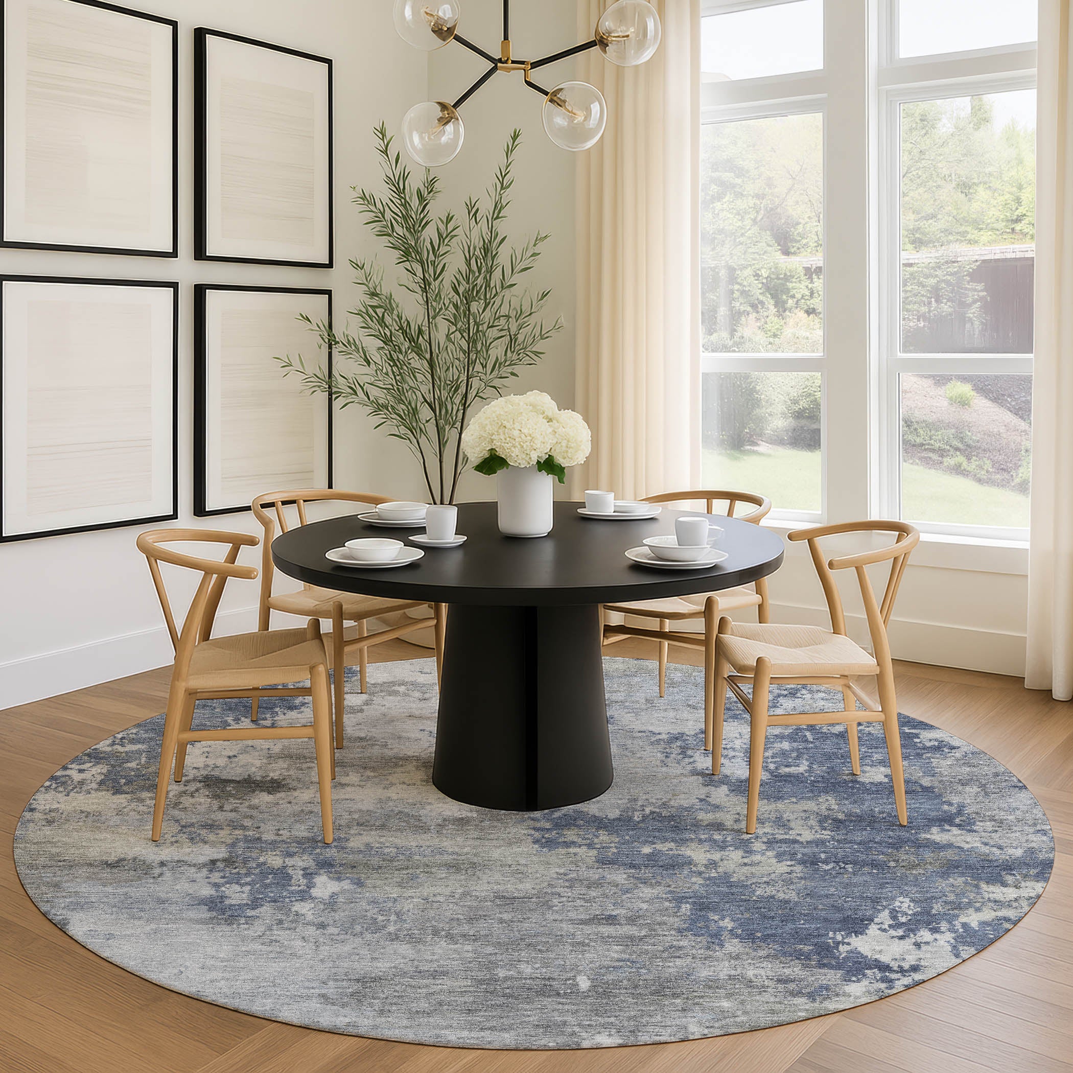 Seville Machine Washable Traditional Denim Blue Rug 8' x 8' #shape_Round