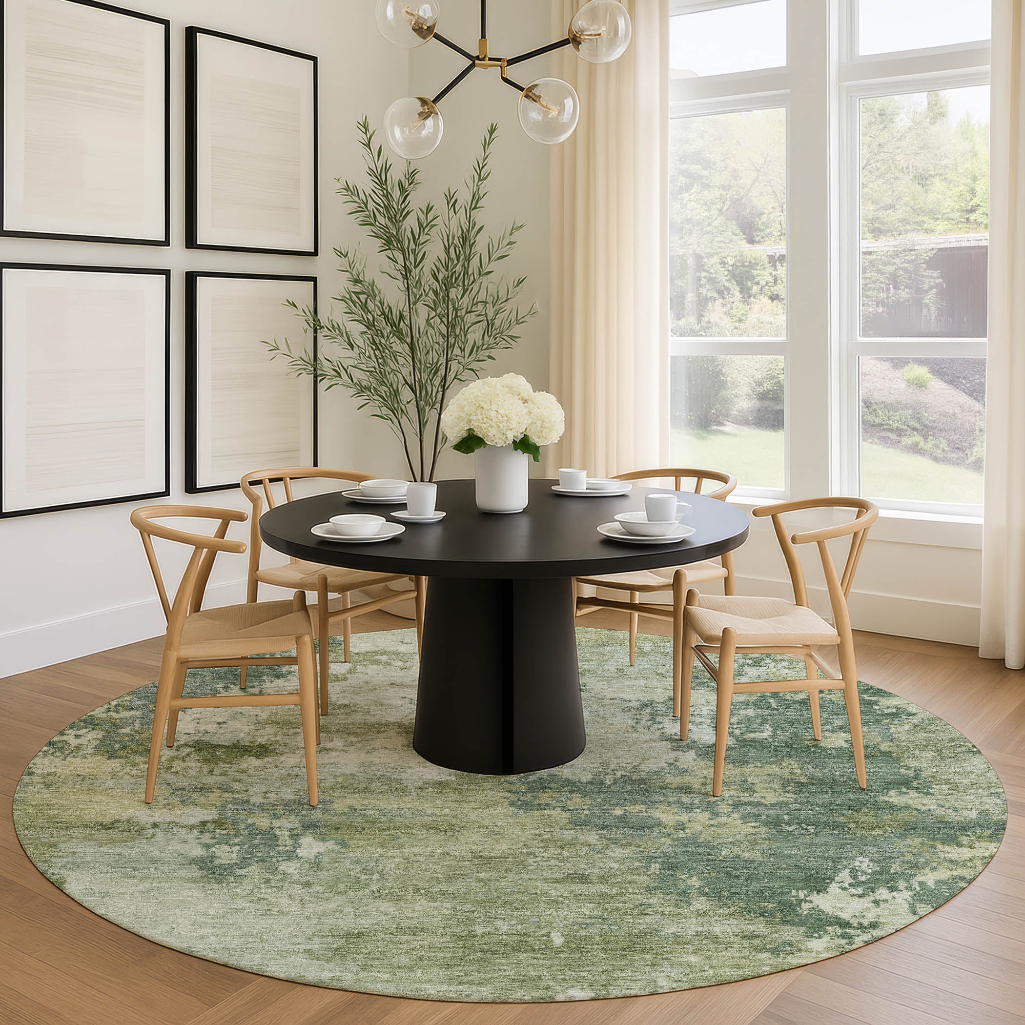 Seville Machine Washable Traditional Fern Green Rug 8' x 8' #shape_Round