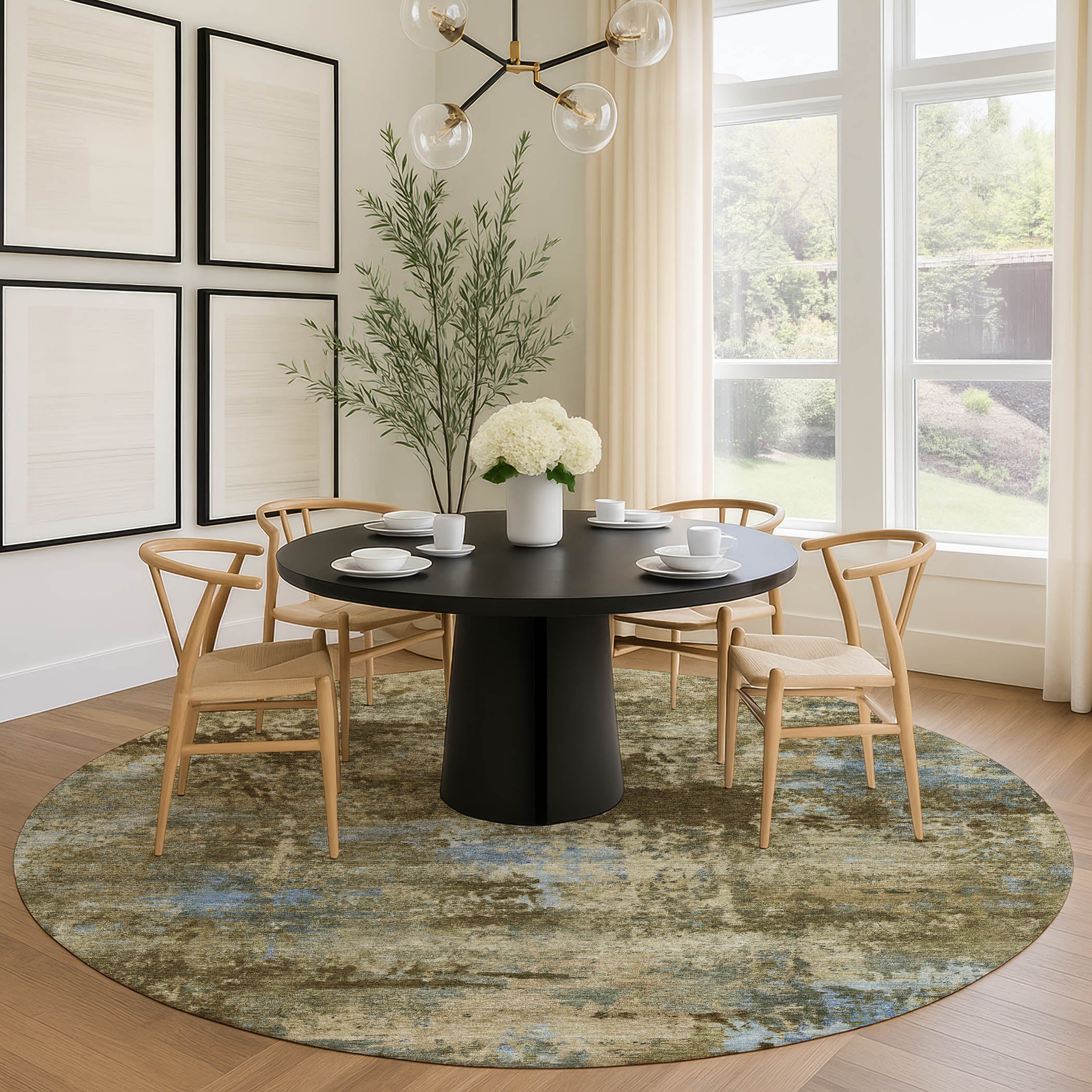 Chiang Mai Machine Washable Transitional Brown Rug 8' x 8' #shape_Round