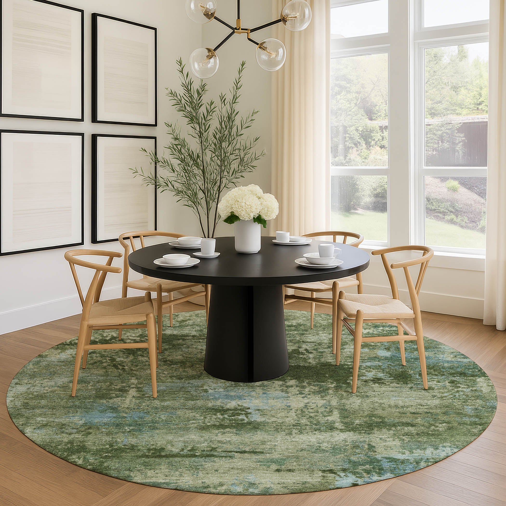 Chiang Mai Machine Washable Transitional Green Rug 8' x 8' #shape_Round