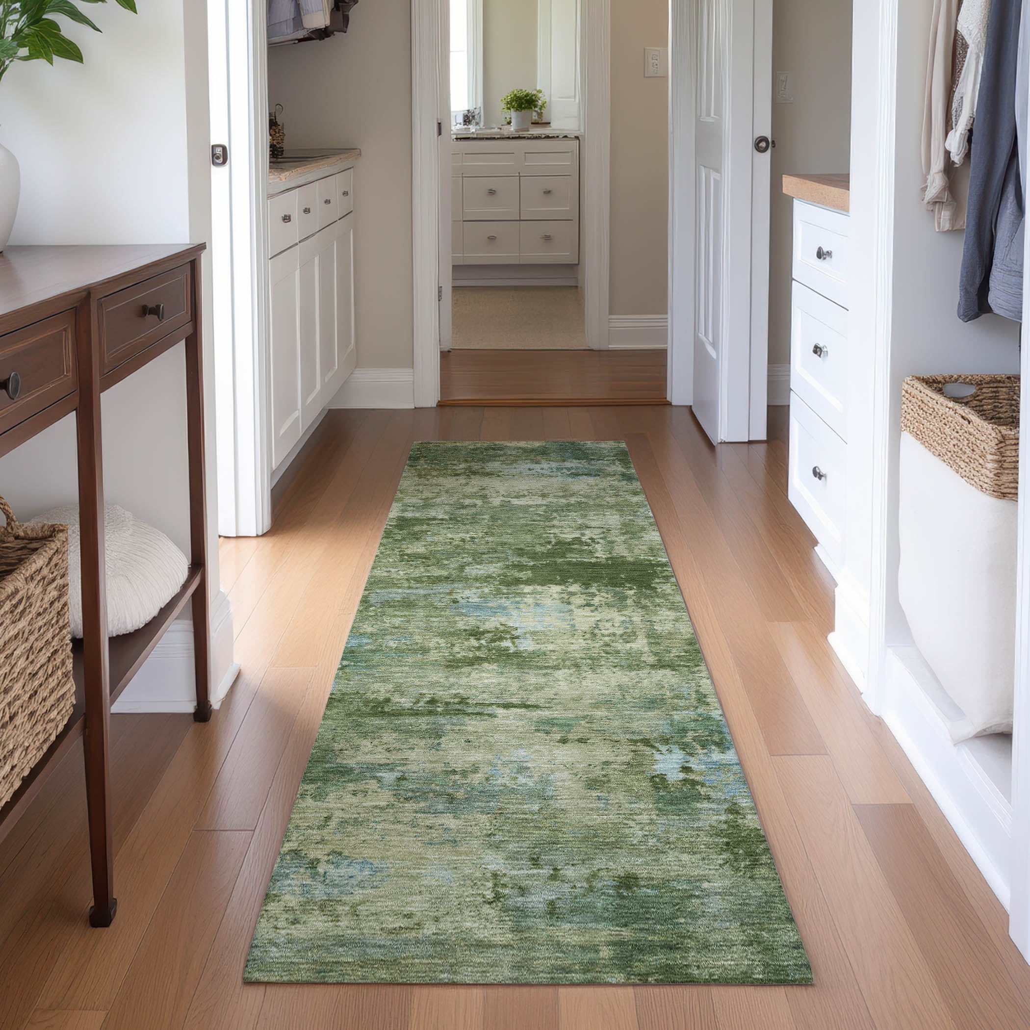 Chiang Mai Machine Washable Transitional Green Rug 2'3" x 7'6" #shape_Runner