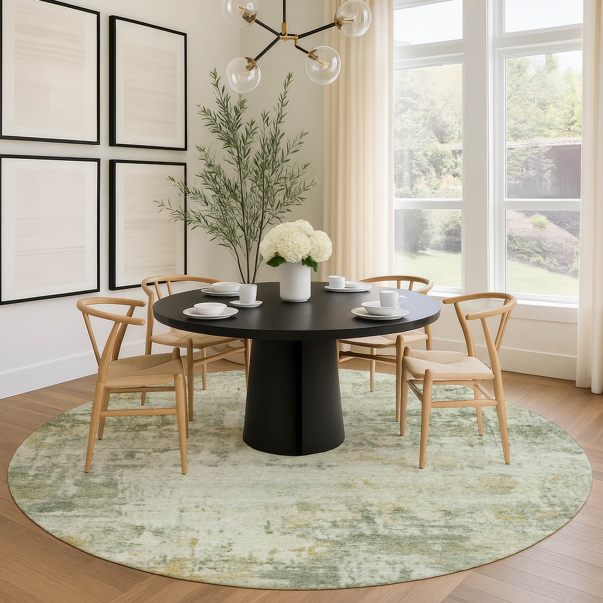 Bogota Machine Washable Traditional Aloe Green Rug 8' x 8' #shape_Round