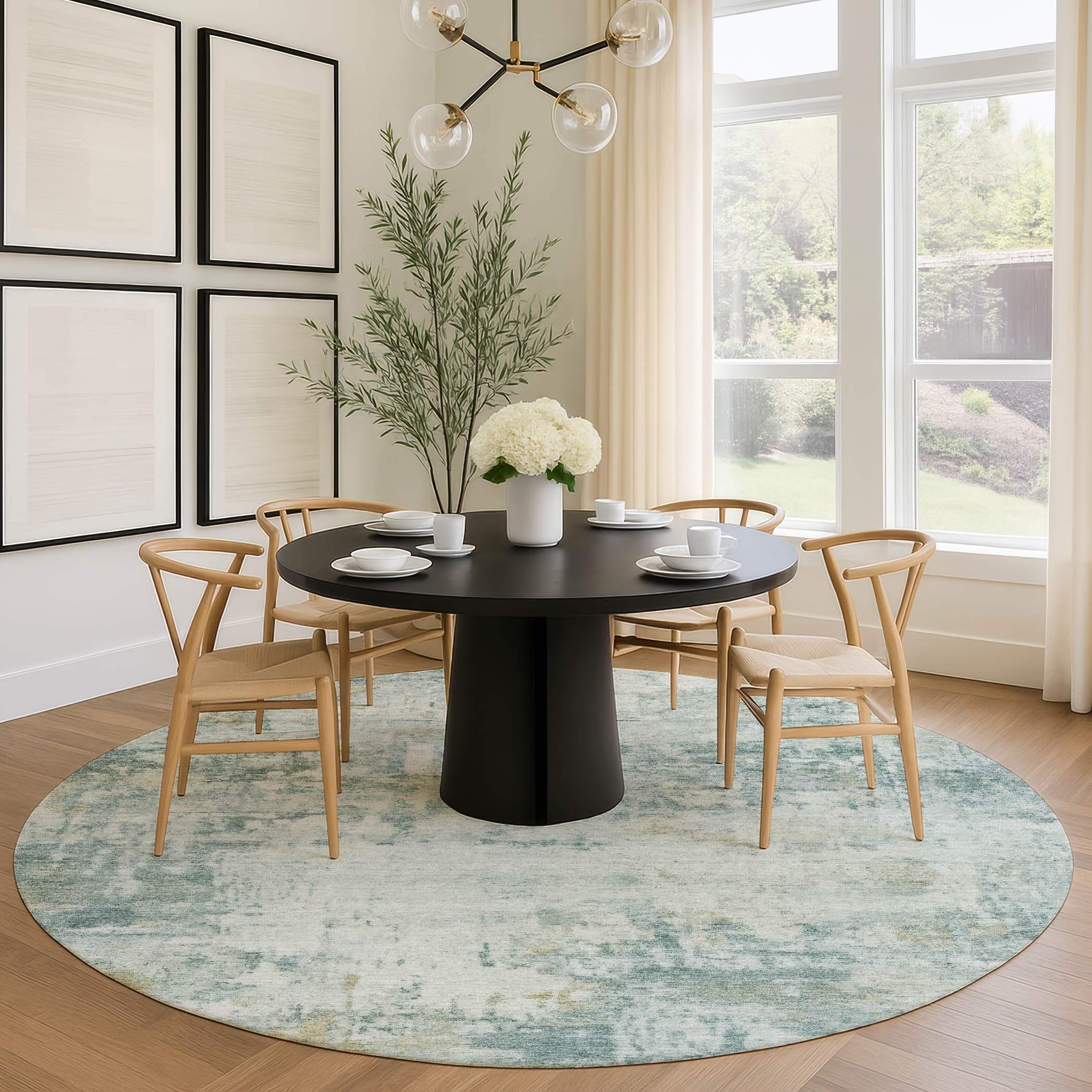 Bogota Machine Washable Traditional Aqua Teal Rug 8' x 8' #shape_Round