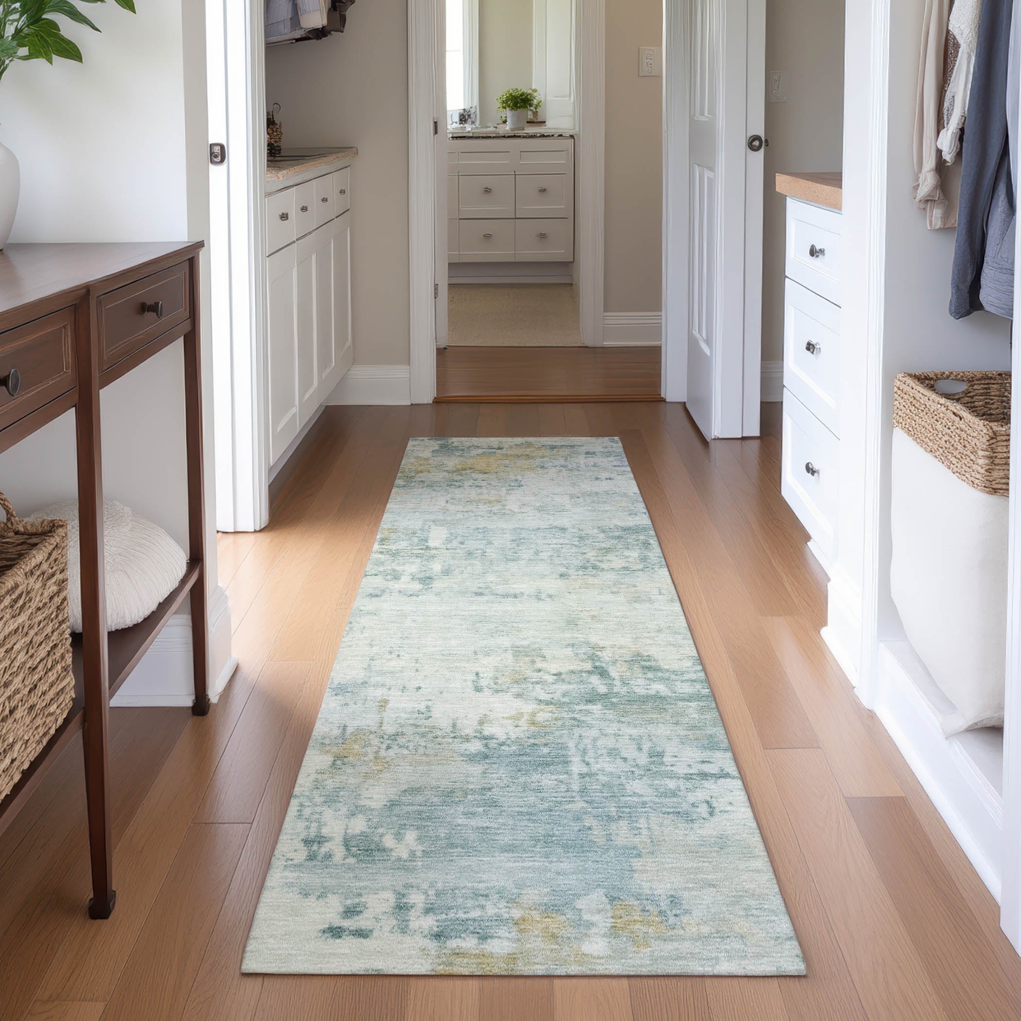 Bogota Machine Washable Traditional Aqua Teal Rug 2'3" x 7'6" #shape_Runner