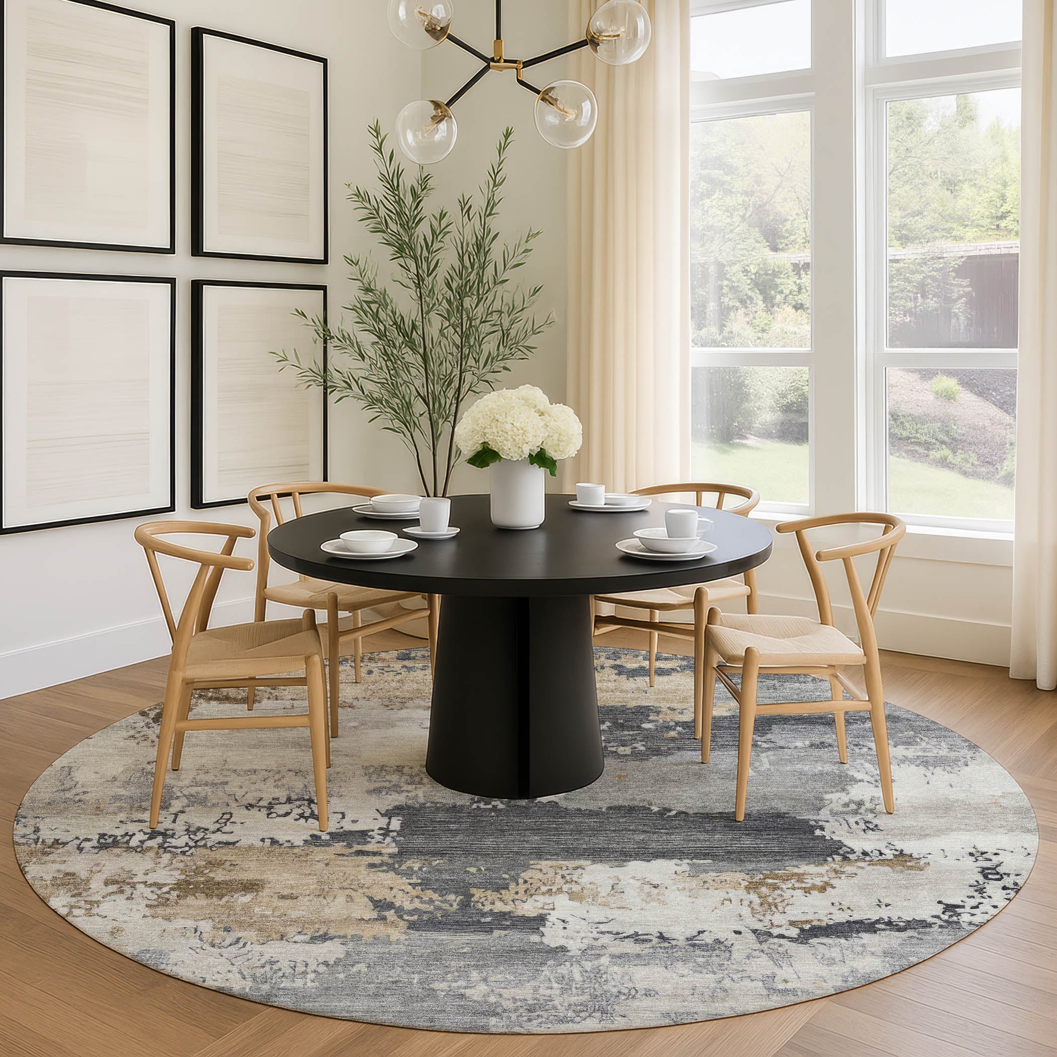 Colombo Machine Washable Traditional Charcoal Gray Rug 8' x 8' #shape_Round