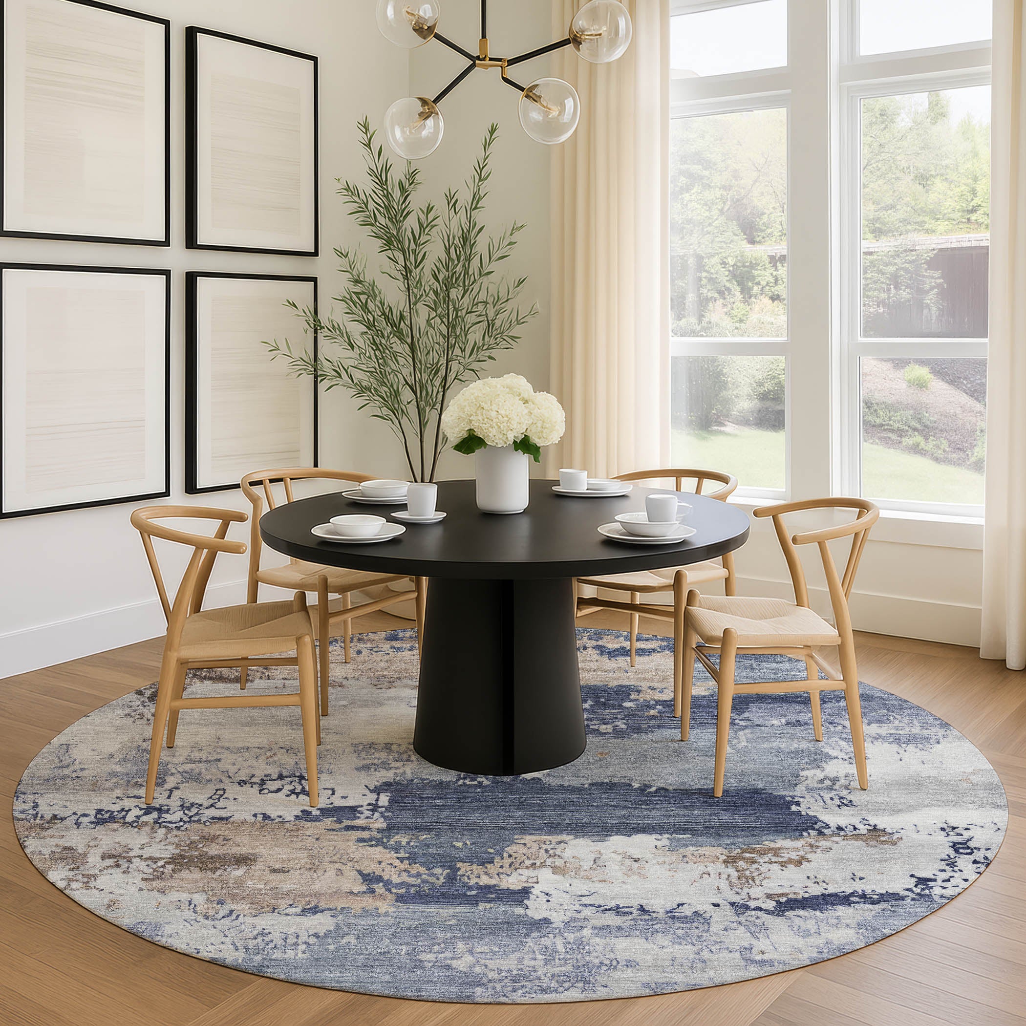 Colombo Machine Washable Transitional Navy Blue Rug 8' x 8' #shape_Round