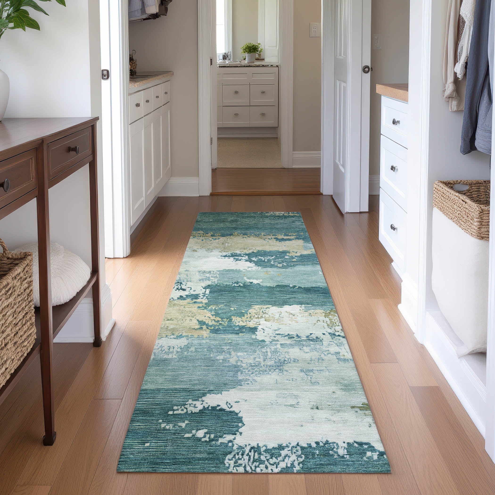 Colombo Machine Washable Transitional Teal Rug 2'3" x 7'6" #shape_Runner