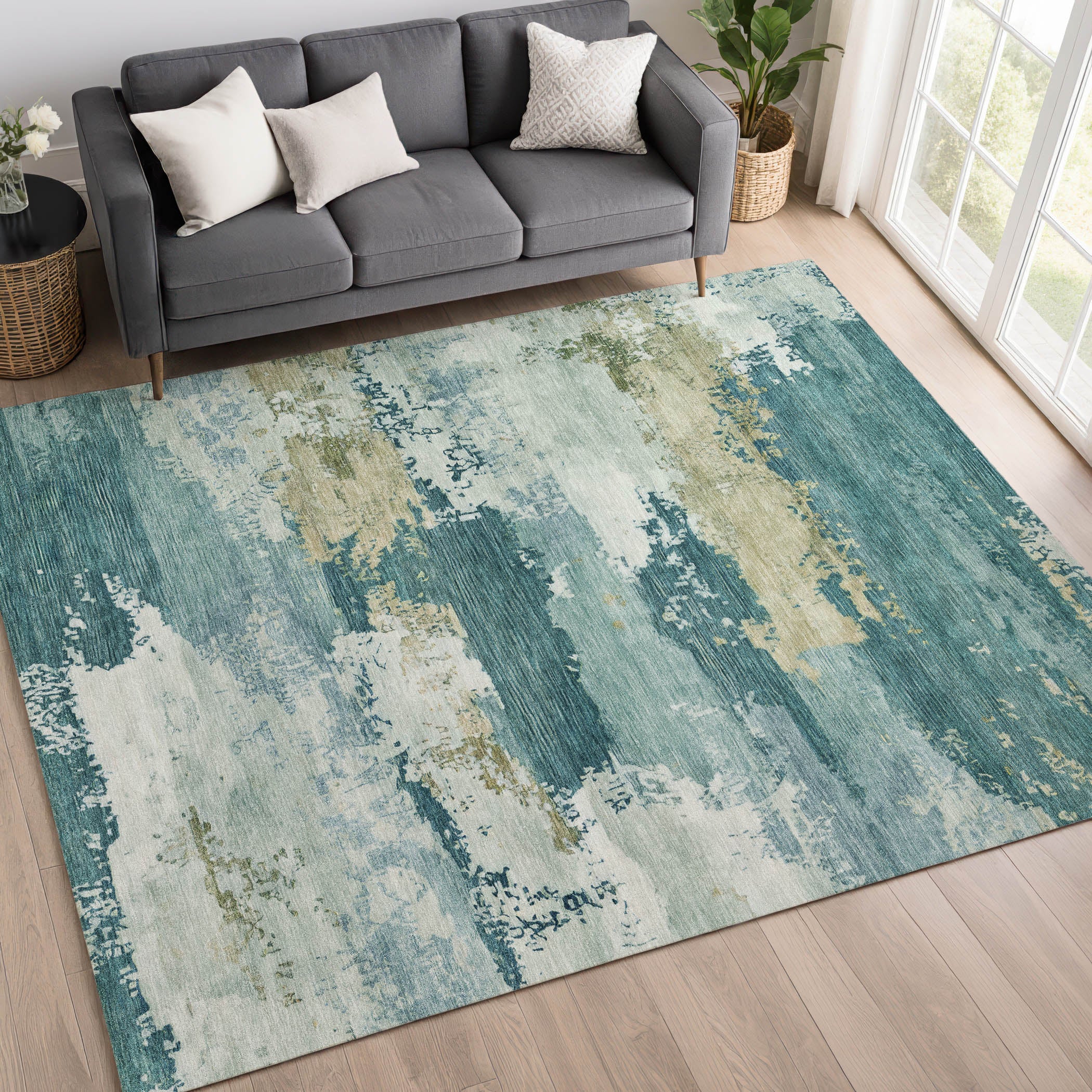 Colombo Machine Washable Transitional Teal Rug 3' x 5' #shape_Rectangle