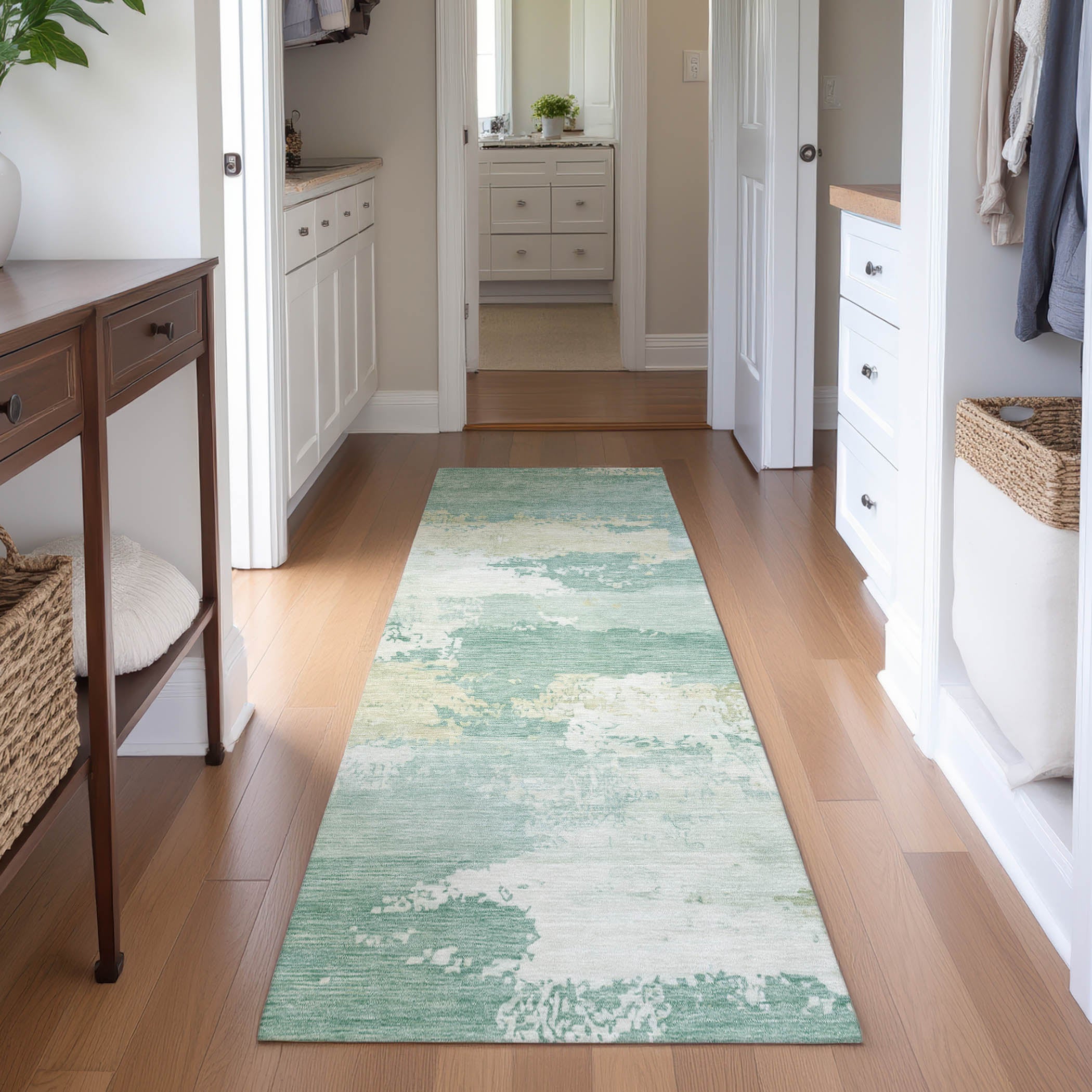 Colombo Machine Washable Transitional Turquoise Teal Rug 2'3" x 7'6" #shape_Runner
