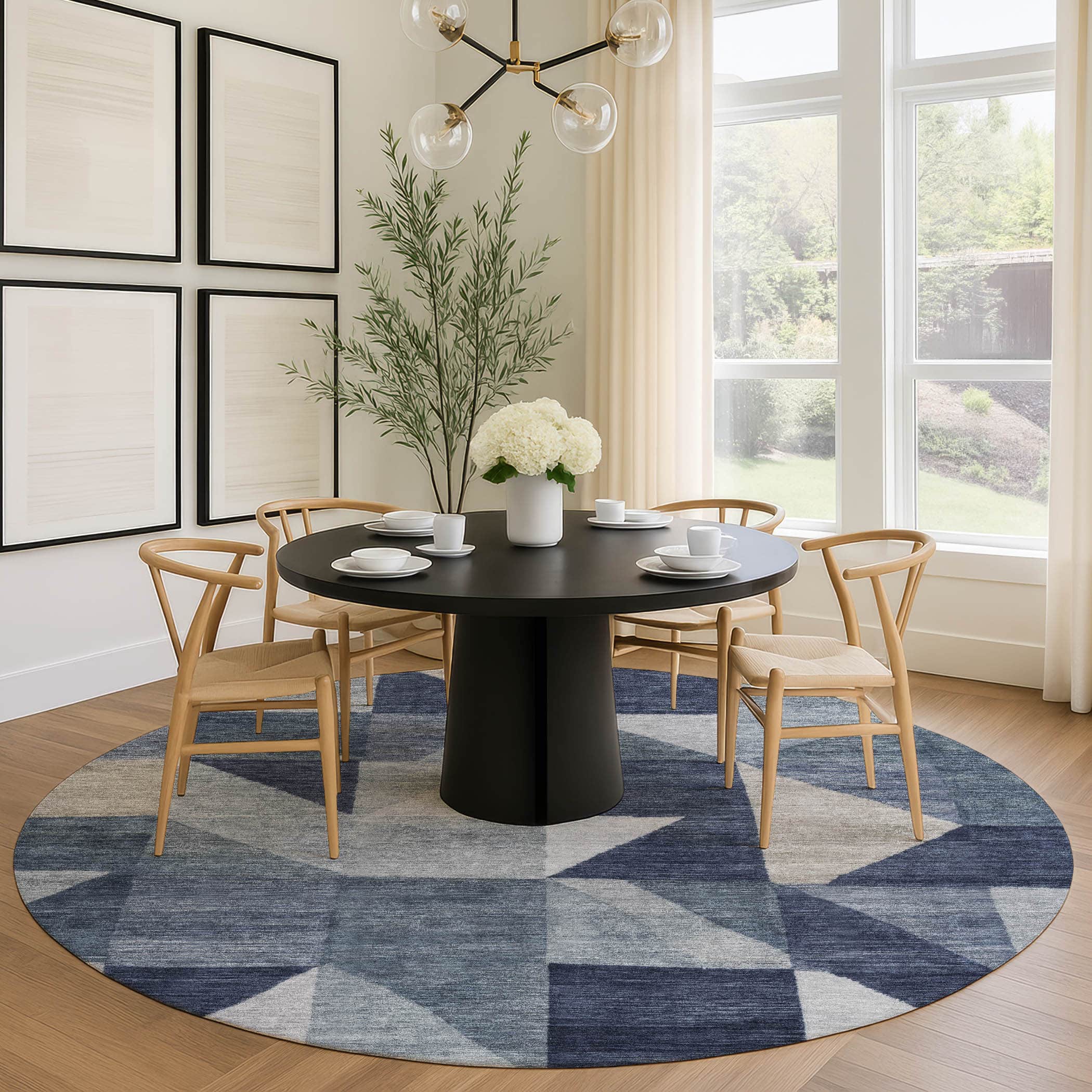 Kathmandu Machine Washable Transitional Blue Rug 8' x 8' #shape_Round