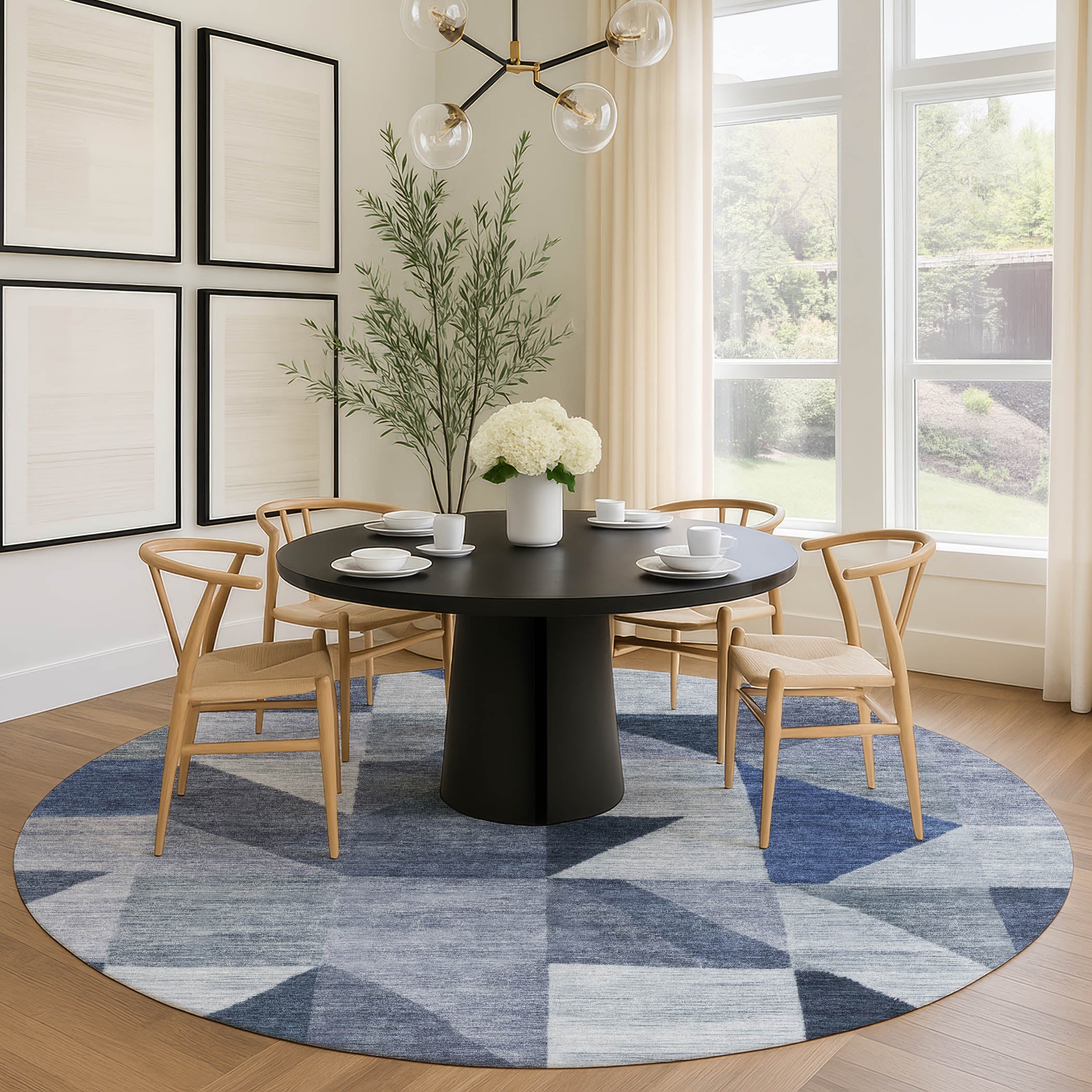 Kathmandu Machine Washable Transitional Denim Blue Rug 8' x 8' #shape_Round