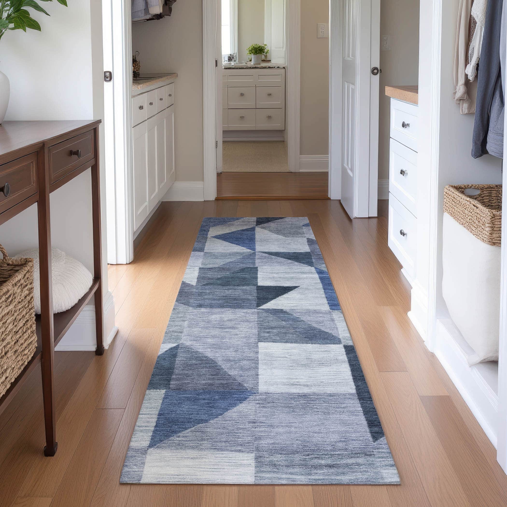 Kathmandu Machine Washable Transitional Denim Blue Rug 2'3" x 7'6" #shape_Runner