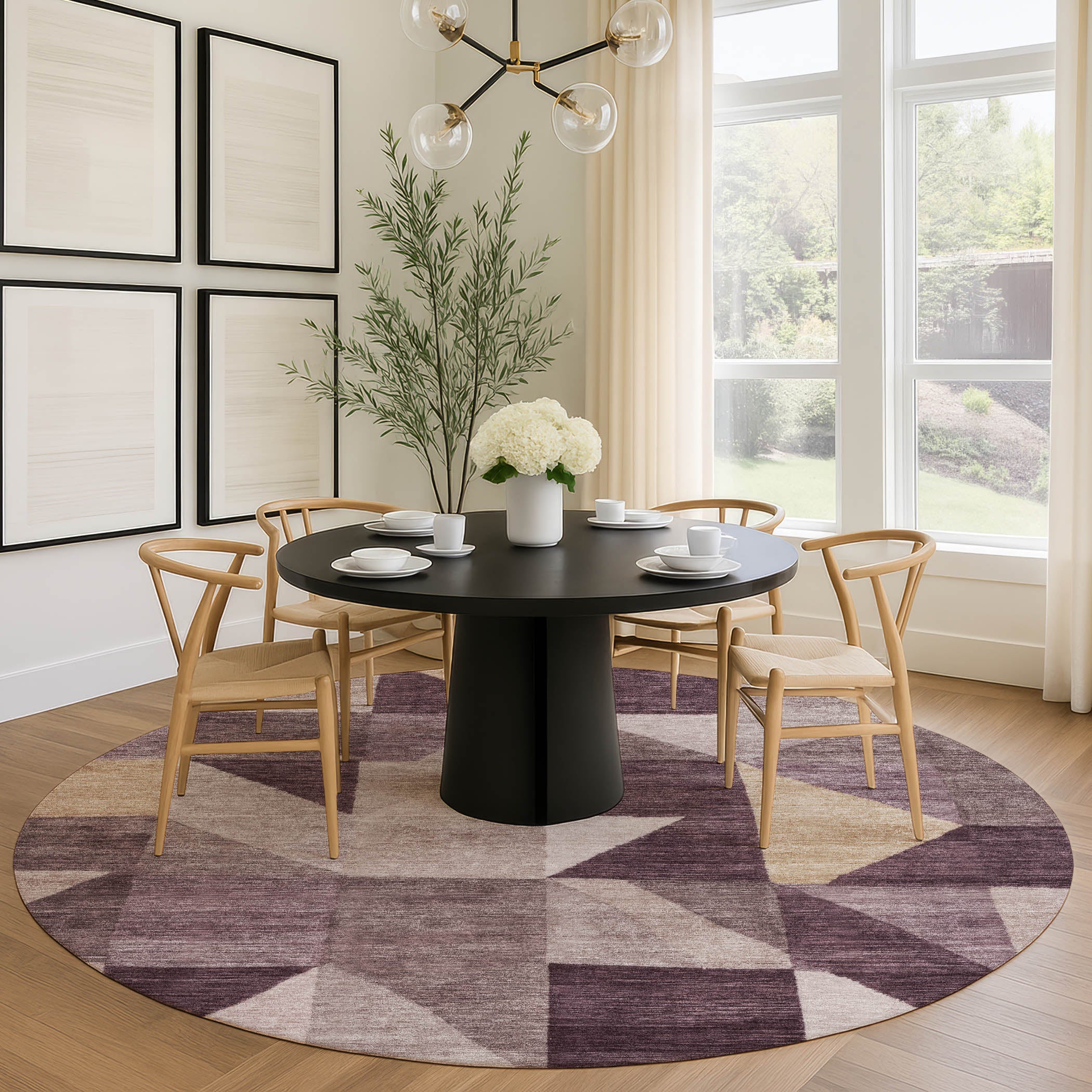 Kathmandu Machine Washable Transitional Plum Purple Rug 8' x 8' #shape_Round