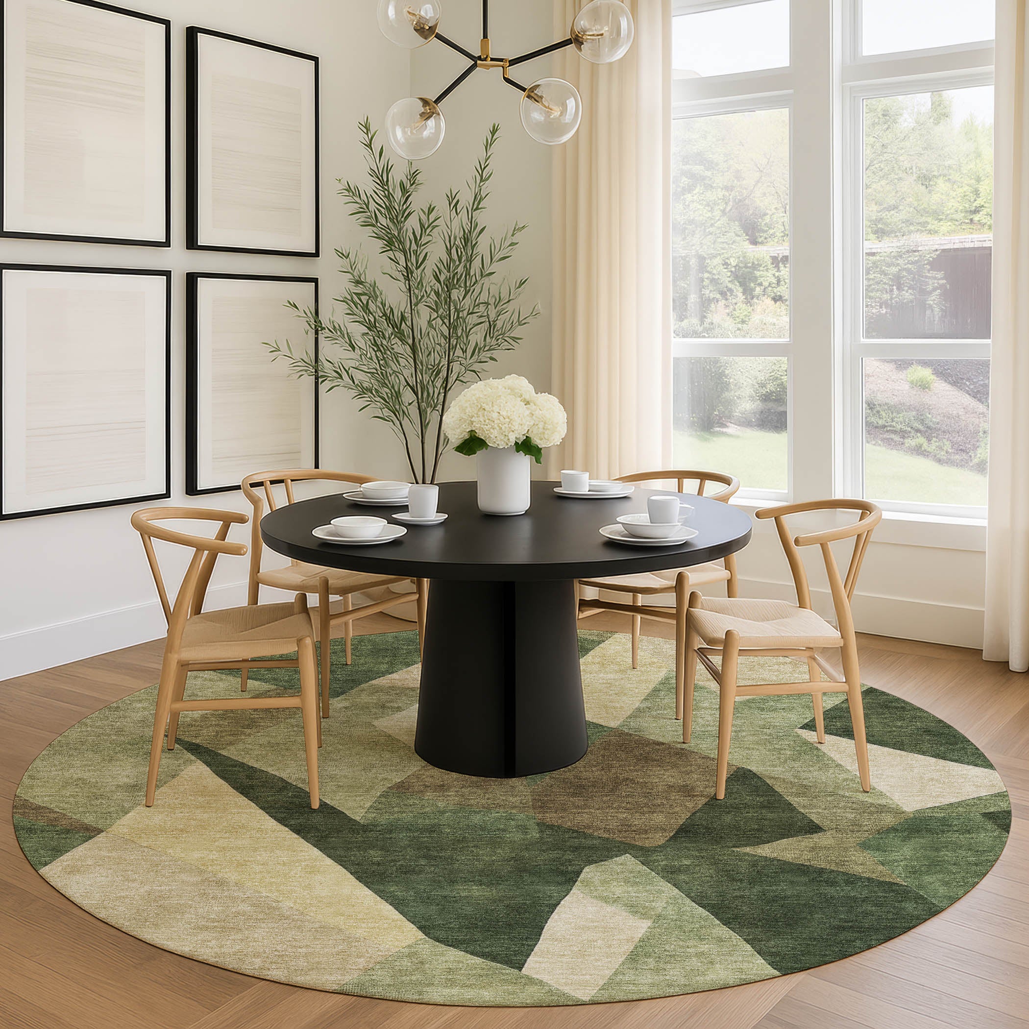 Lisbon Machine Washable Transitional Green Rug 8' x 8' #shape_Round