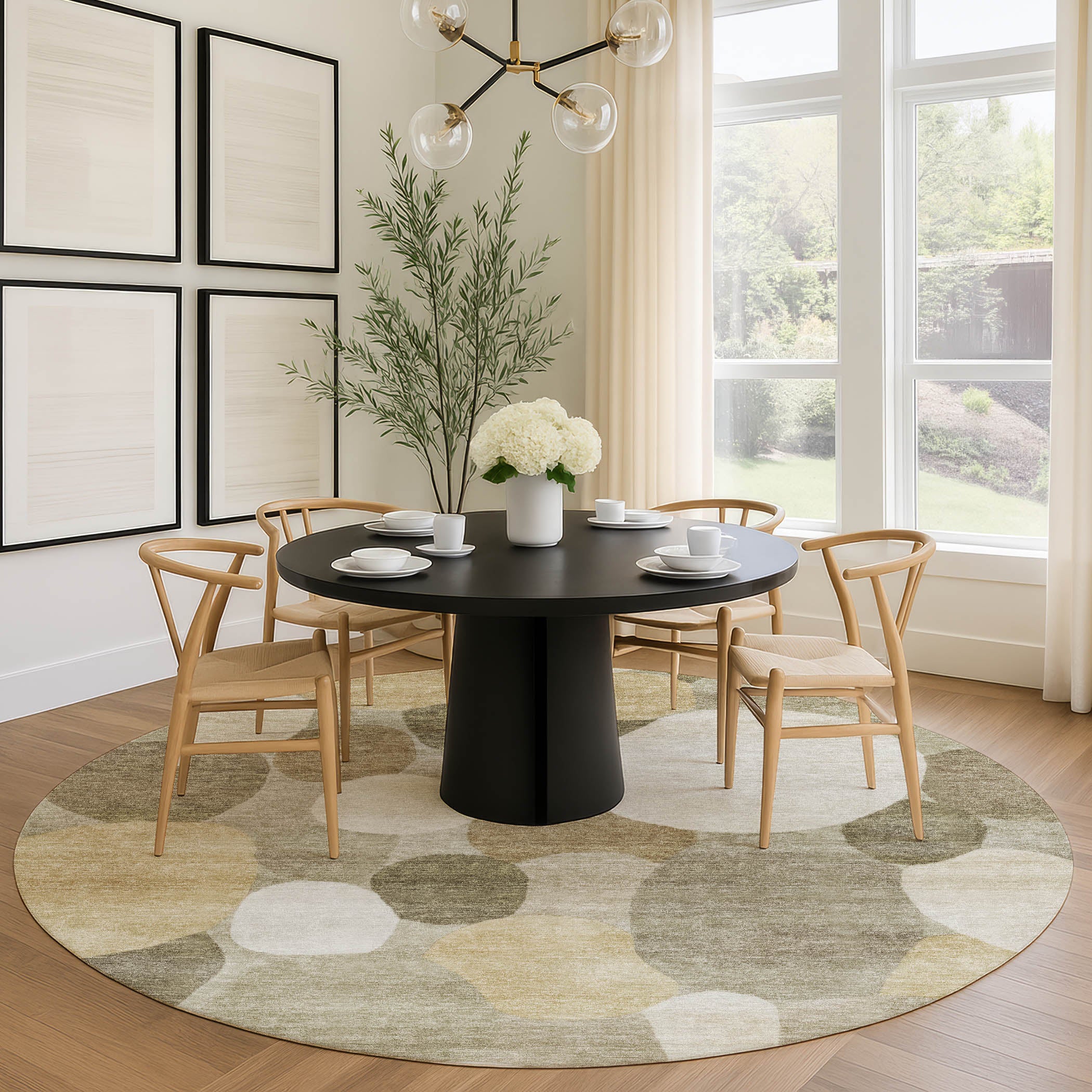 Baku Machine Washable Transitional Khaki Brown Rug 8' x 8' #shape_Round