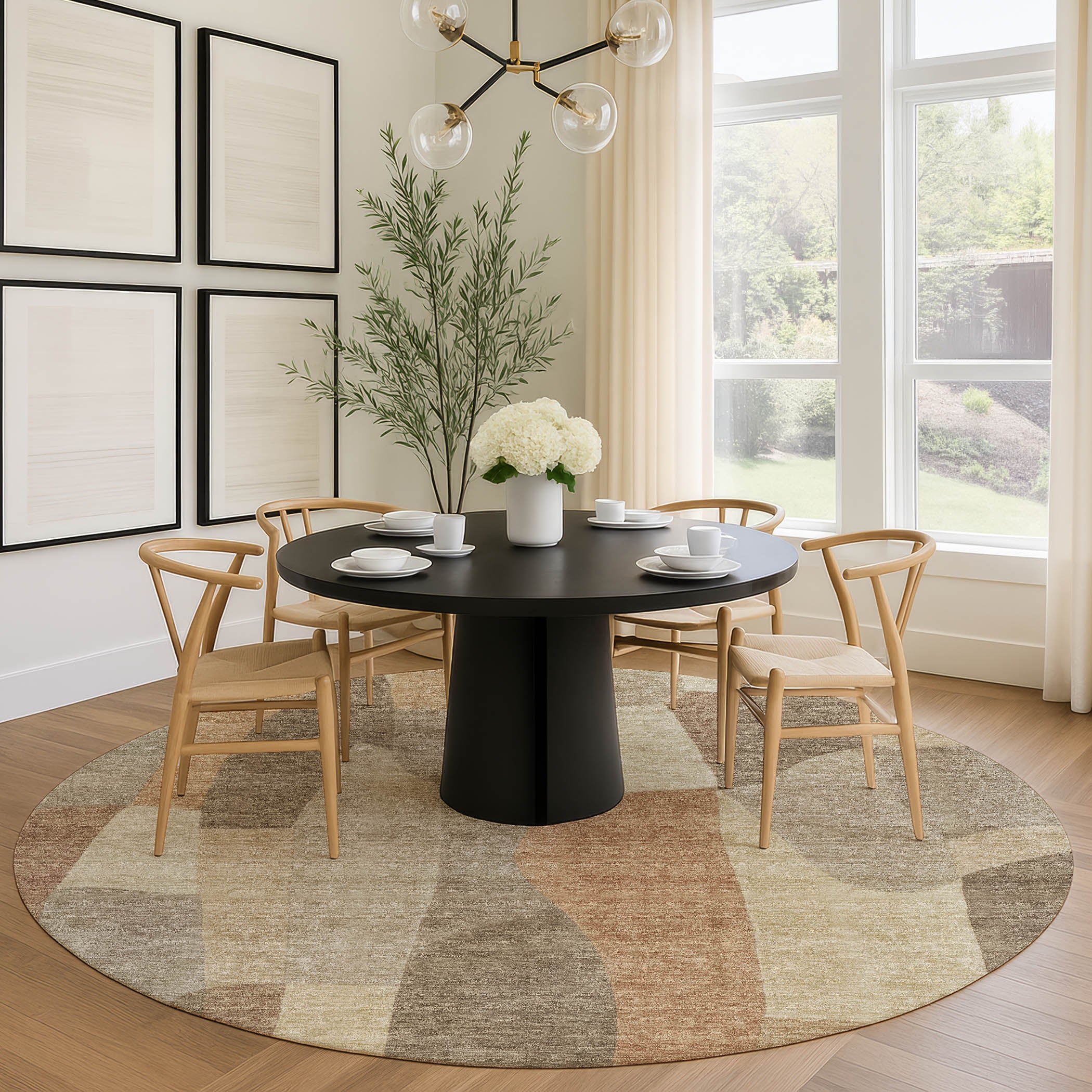 Cusco Machine Washable Transitional Khaki Brown Rug 8' x 8' #shape_Round