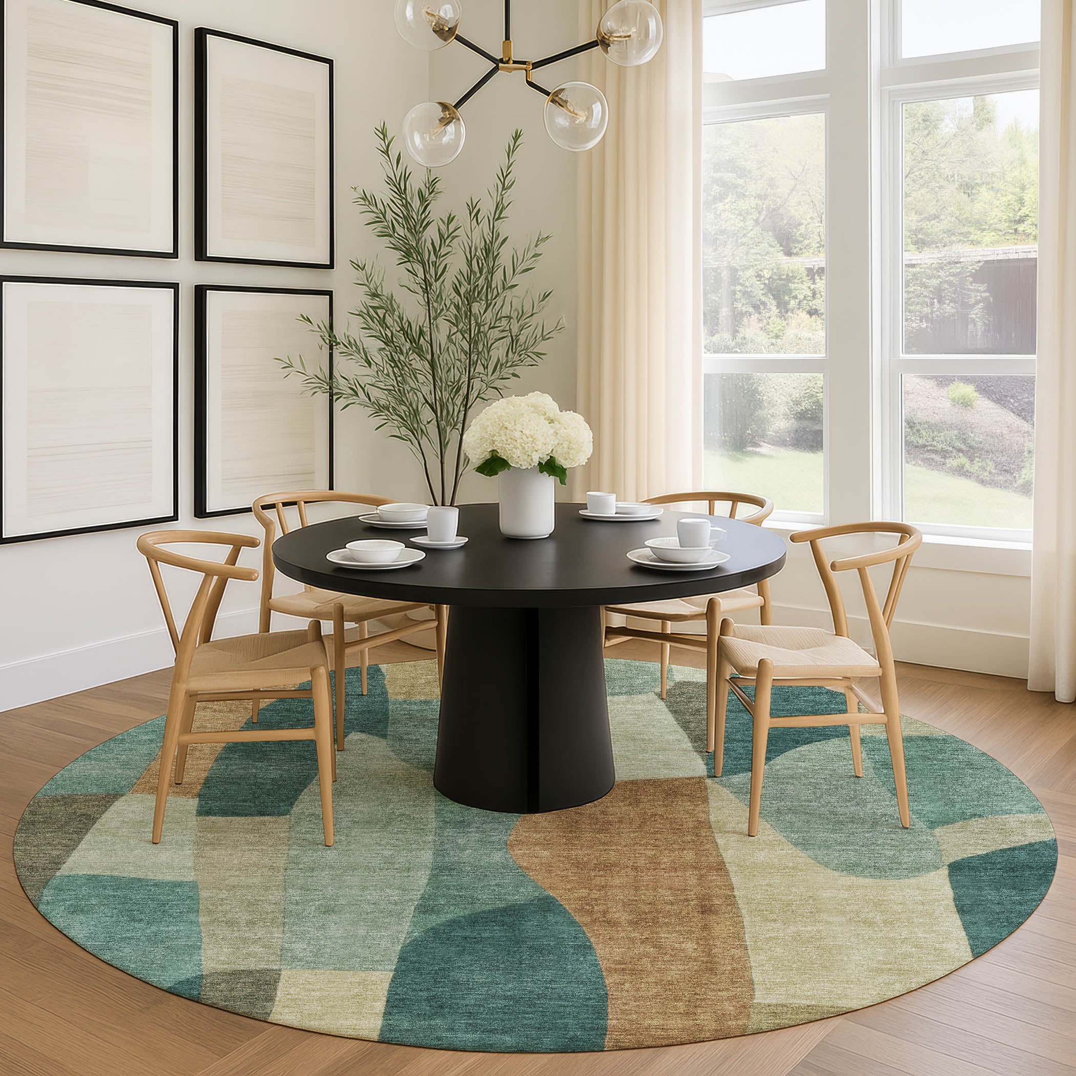 Cusco Machine Washable Transitional Teal Rug 8' x 8' #shape_Round