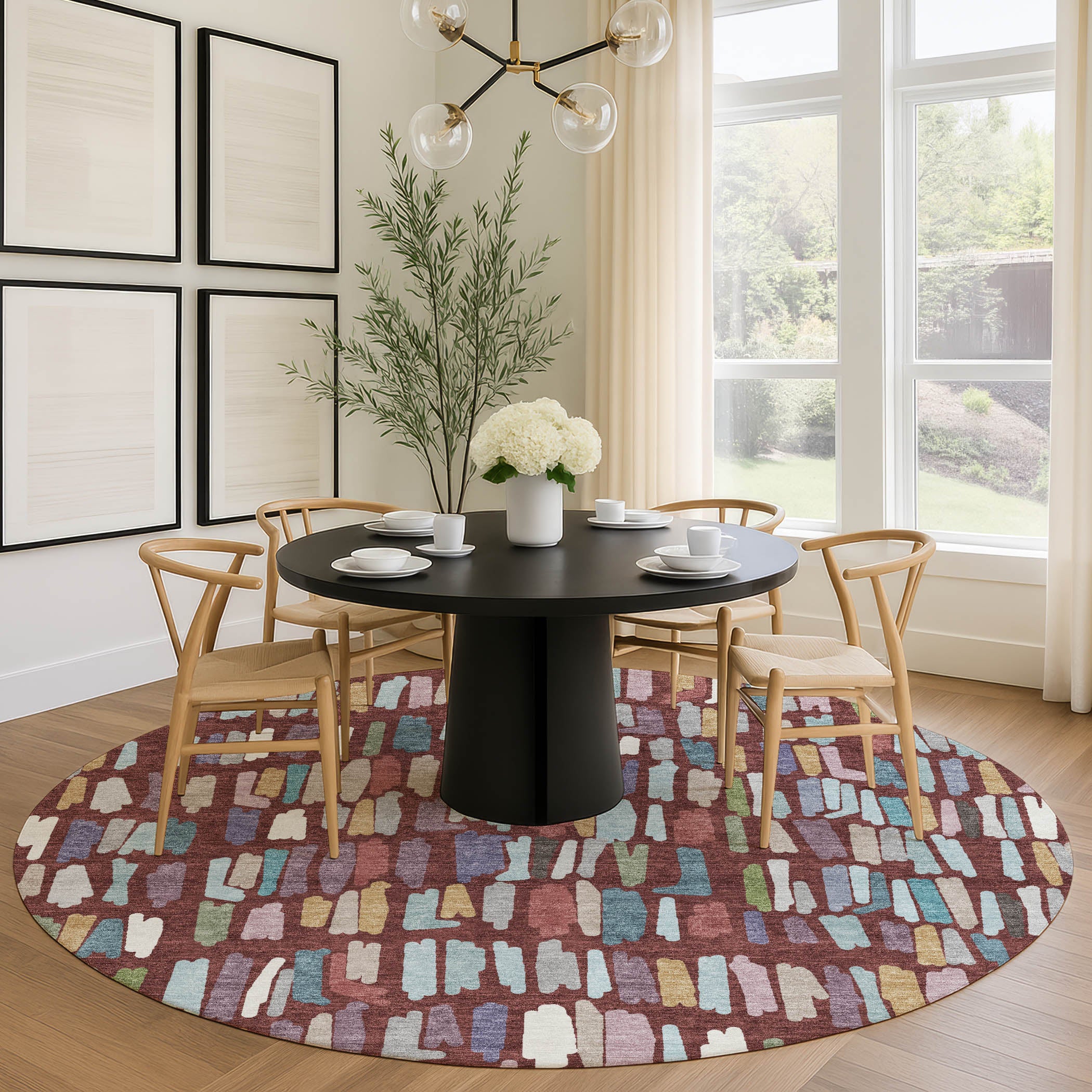 Oaxaca Machine Washable Transitional Burgundy Red Rug 8' x 8' #shape_Round