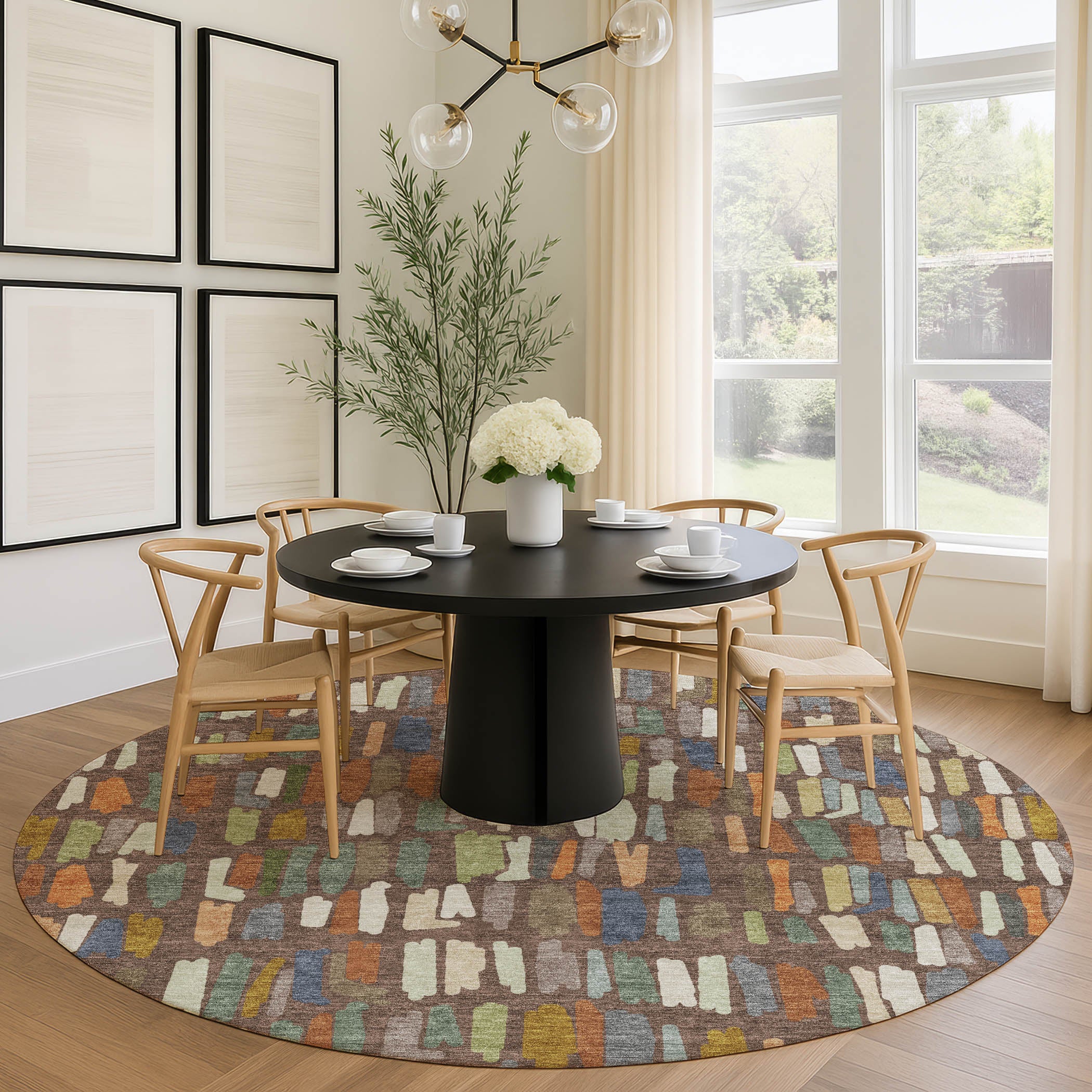 Oaxaca Machine Washable Transitional Chocolate Brown Rug 8' x 8' #shape_Round