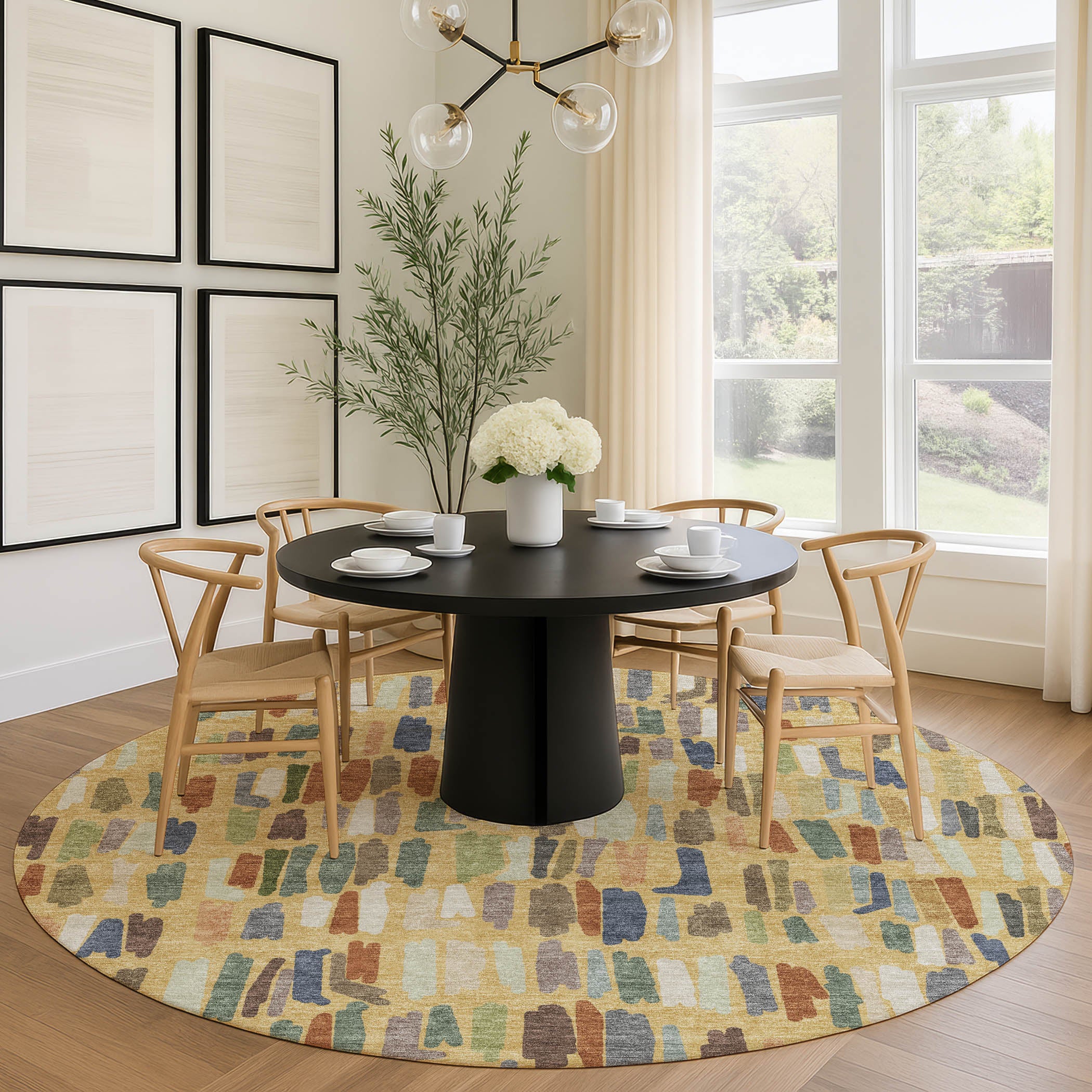 Oaxaca Machine Washable Transitional Gold Rug 8' x 8' #shape_Round