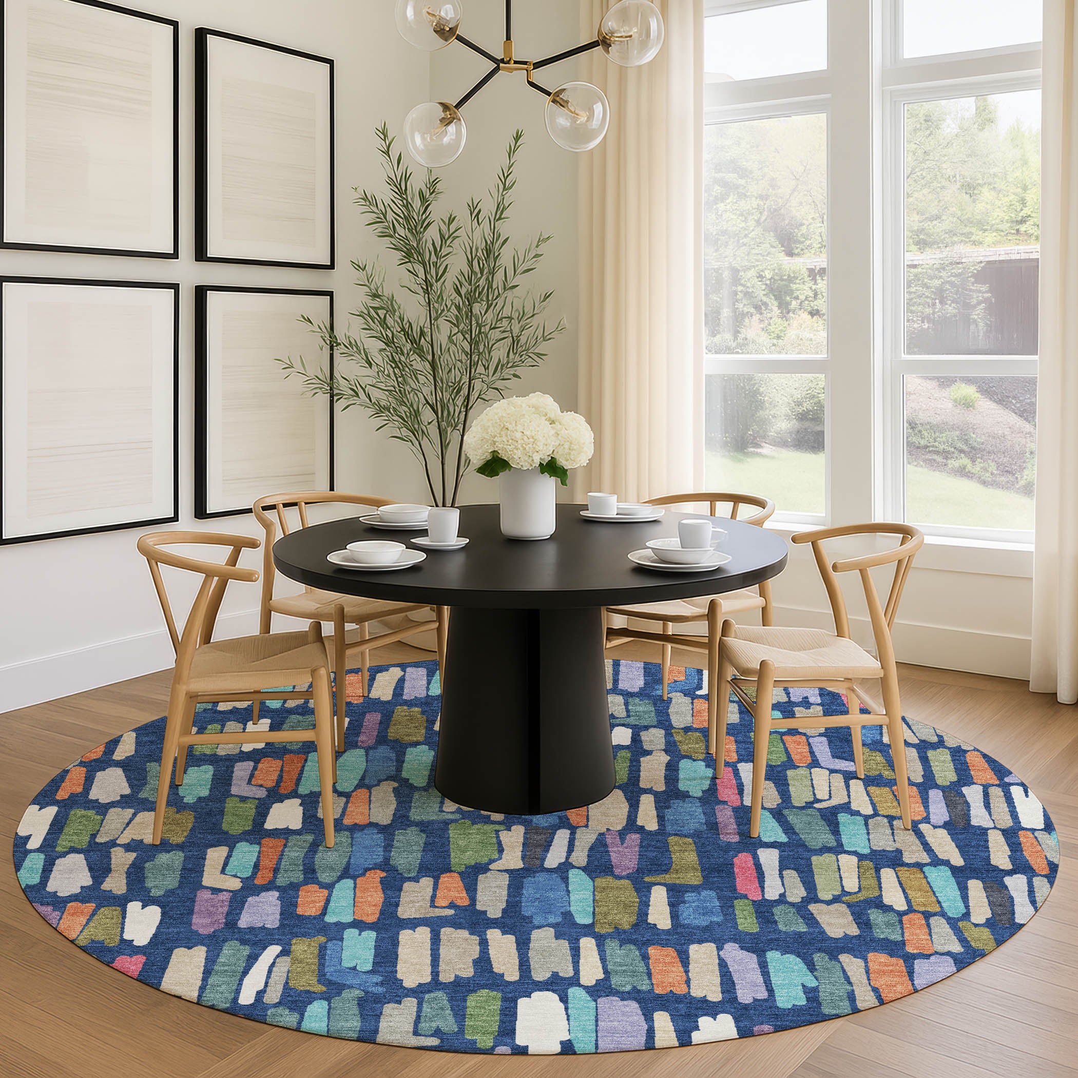 Oaxaca Machine Washable Transitional Navy Blue Rug 8' x 8' #shape_Round