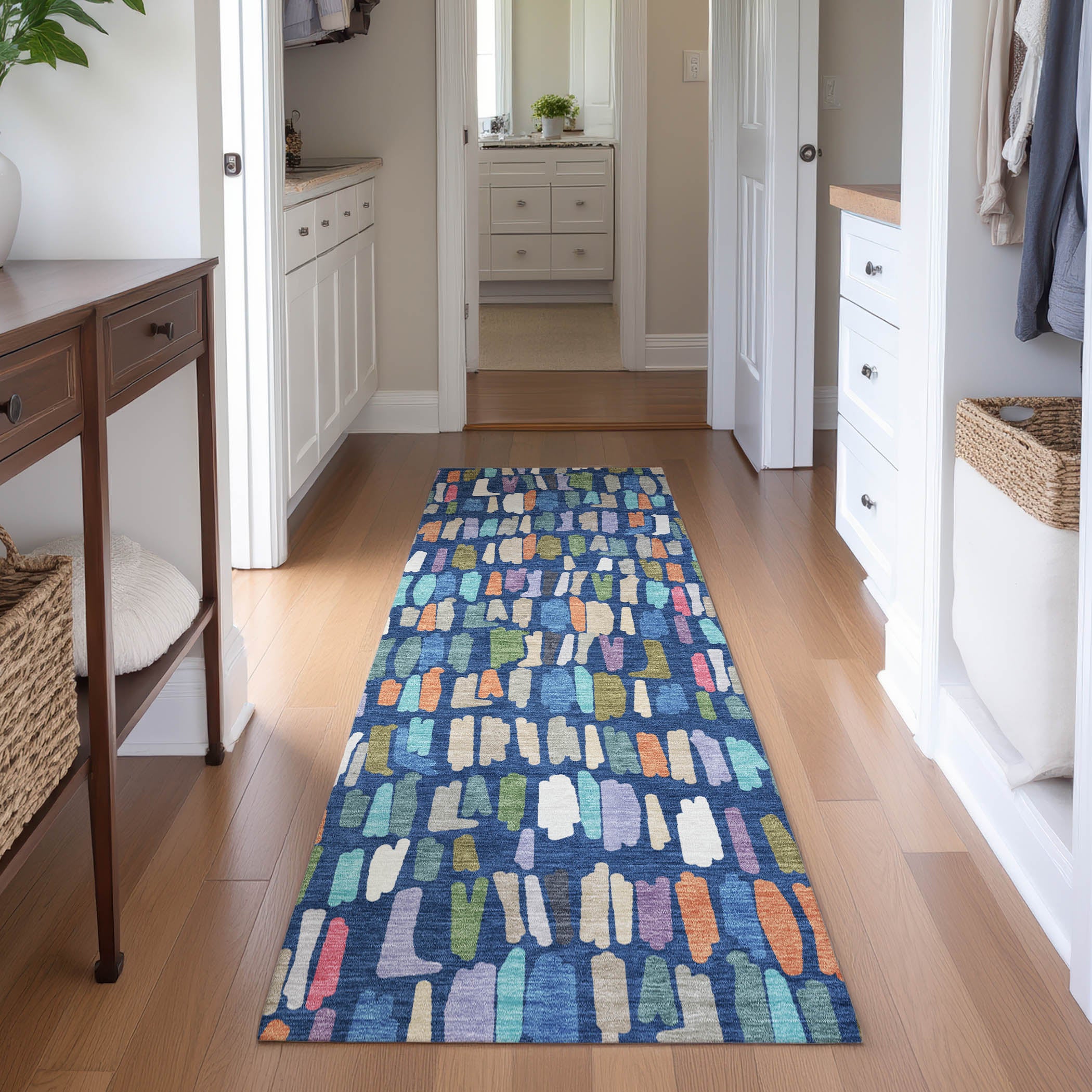 Oaxaca Machine Washable Transitional Navy Blue Rug 2'3" x 7'6" #shape_Runner