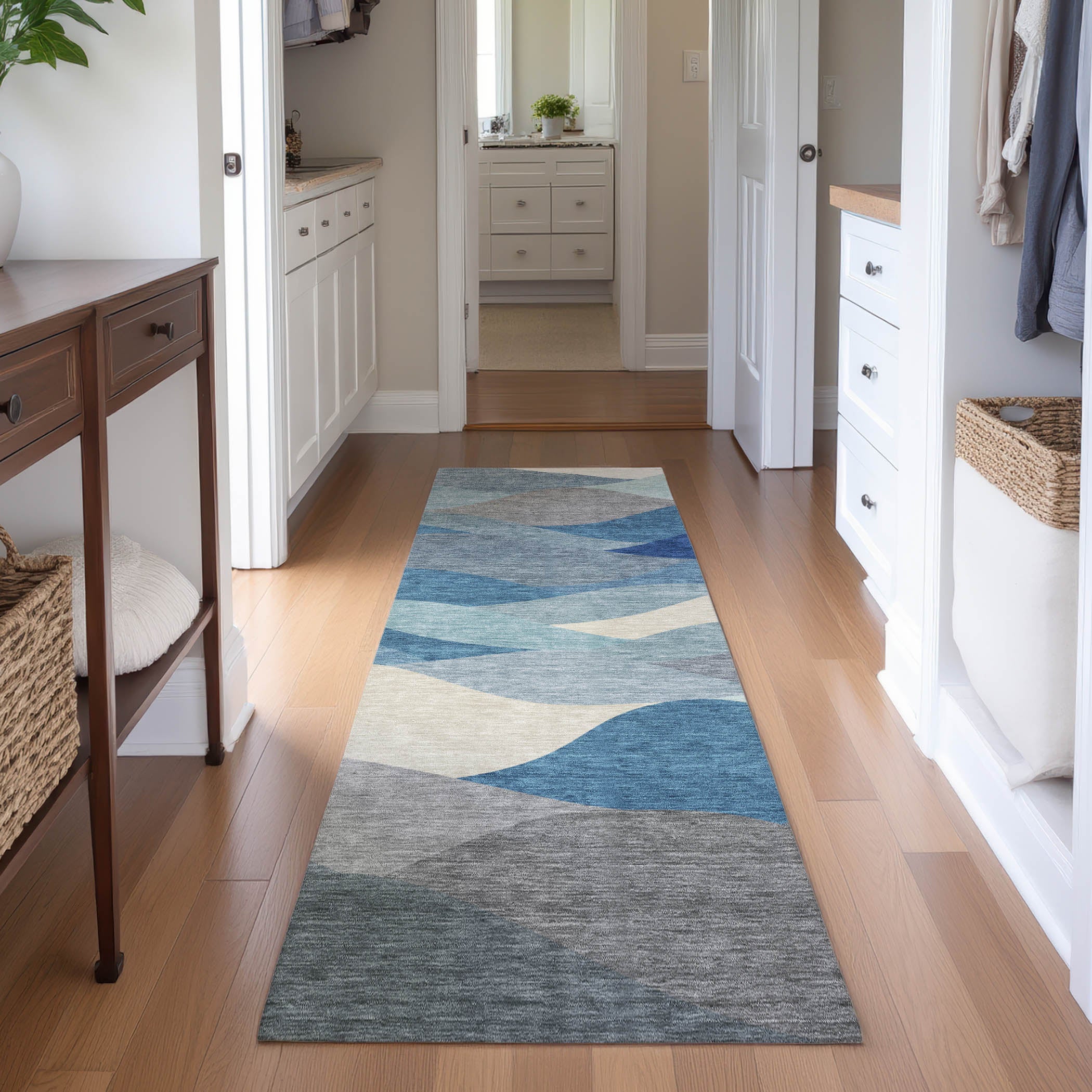Prague Machine Washable Transitional Blue Rug 2'3" x 7'6" #shape_Runner