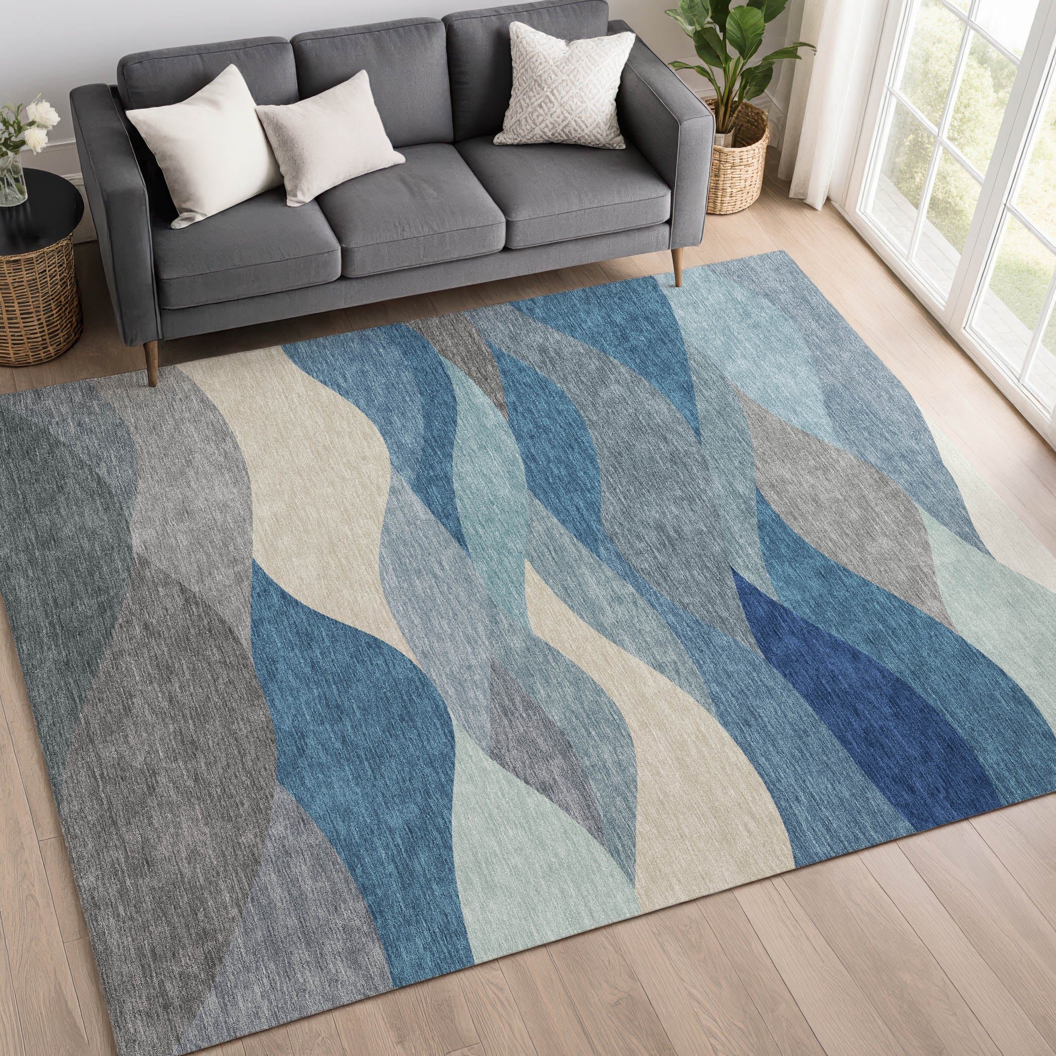 Prague Machine Washable Transitional Blue Rug 3' x 5' #shape_Rectangle