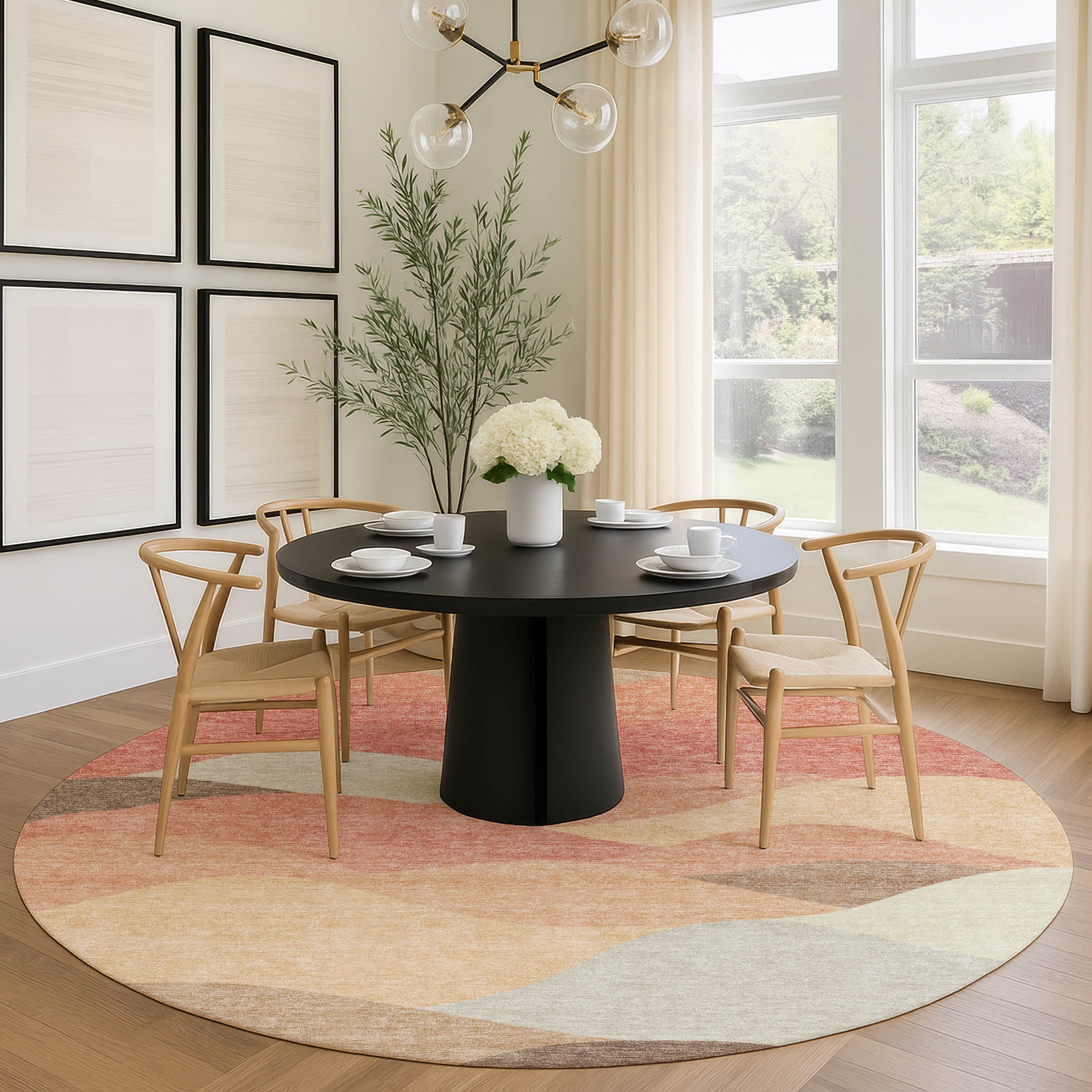 Prague Machine Washable Transitional Coral Orange Rug 8' x 8' #shape_Round