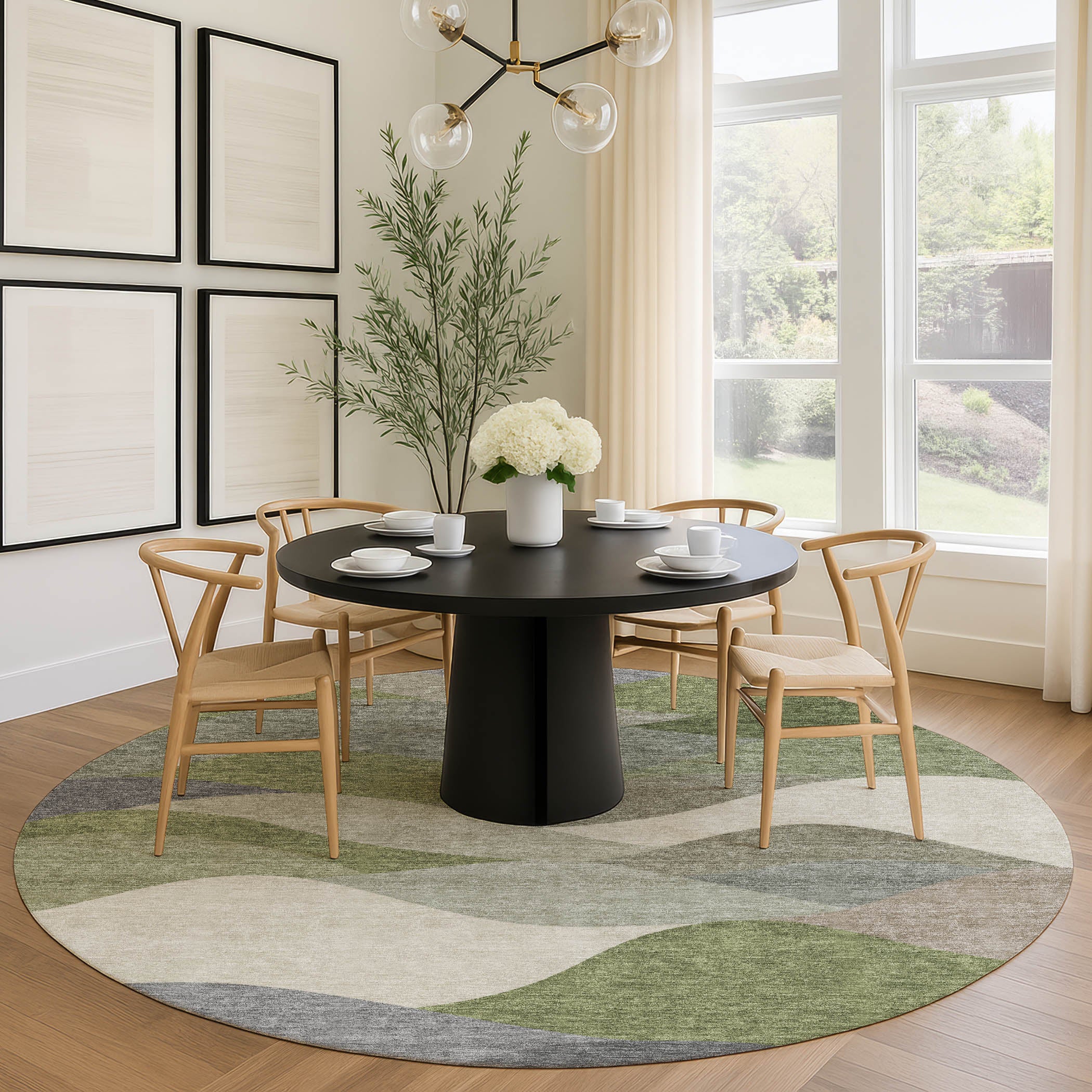 Prague Machine Washable Transitional Green Rug 8' x 8' #shape_Round