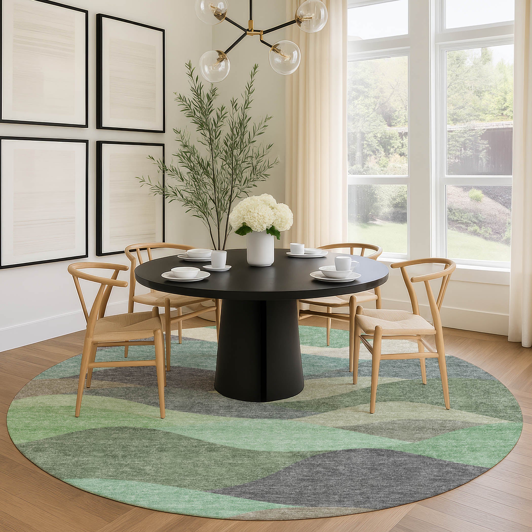 Prague Machine Washable Transitional Sage Green Rug 8' x 8' #shape_Round