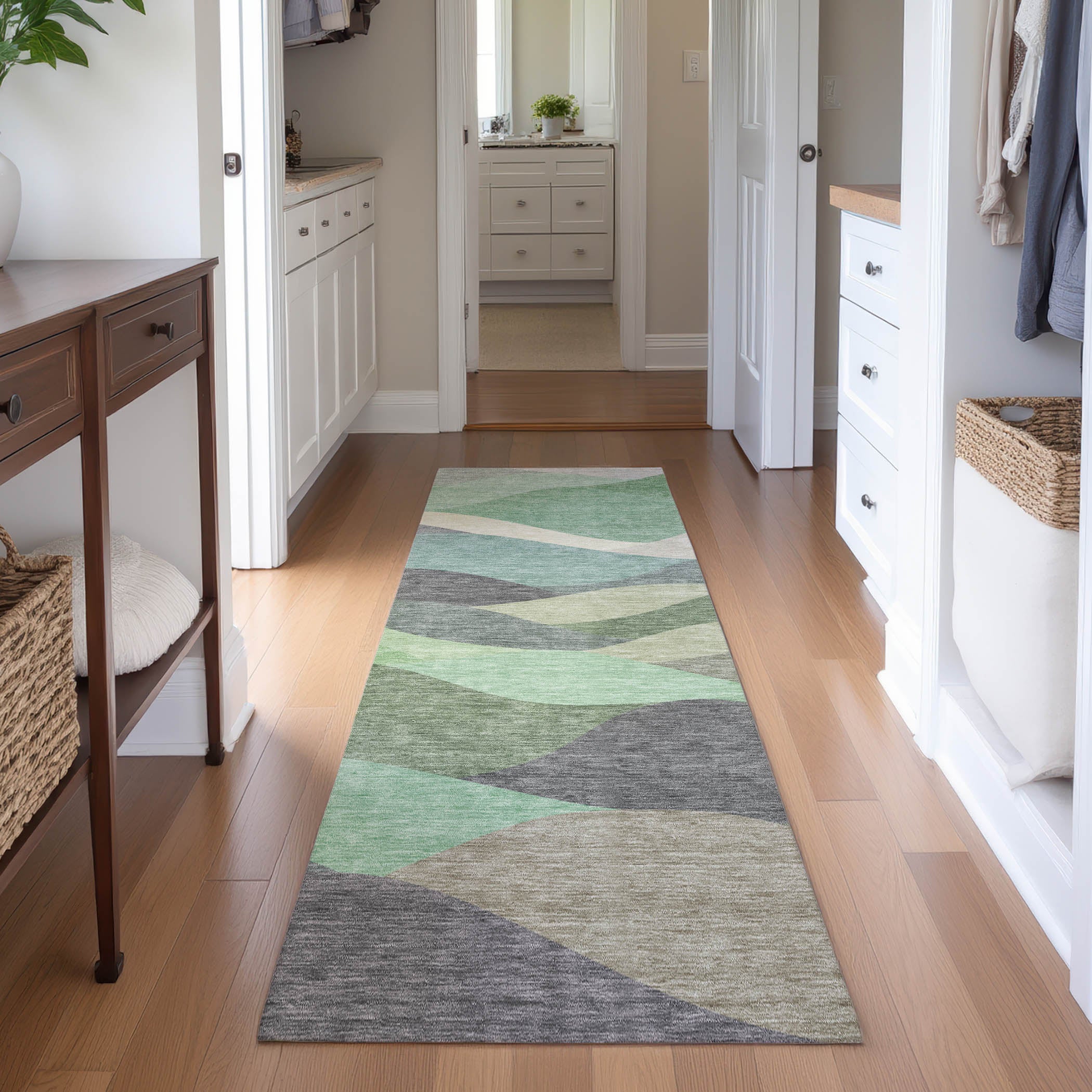 Prague Machine Washable Transitional Sage Green Rug 2'3" x 7'6" #shape_Runner