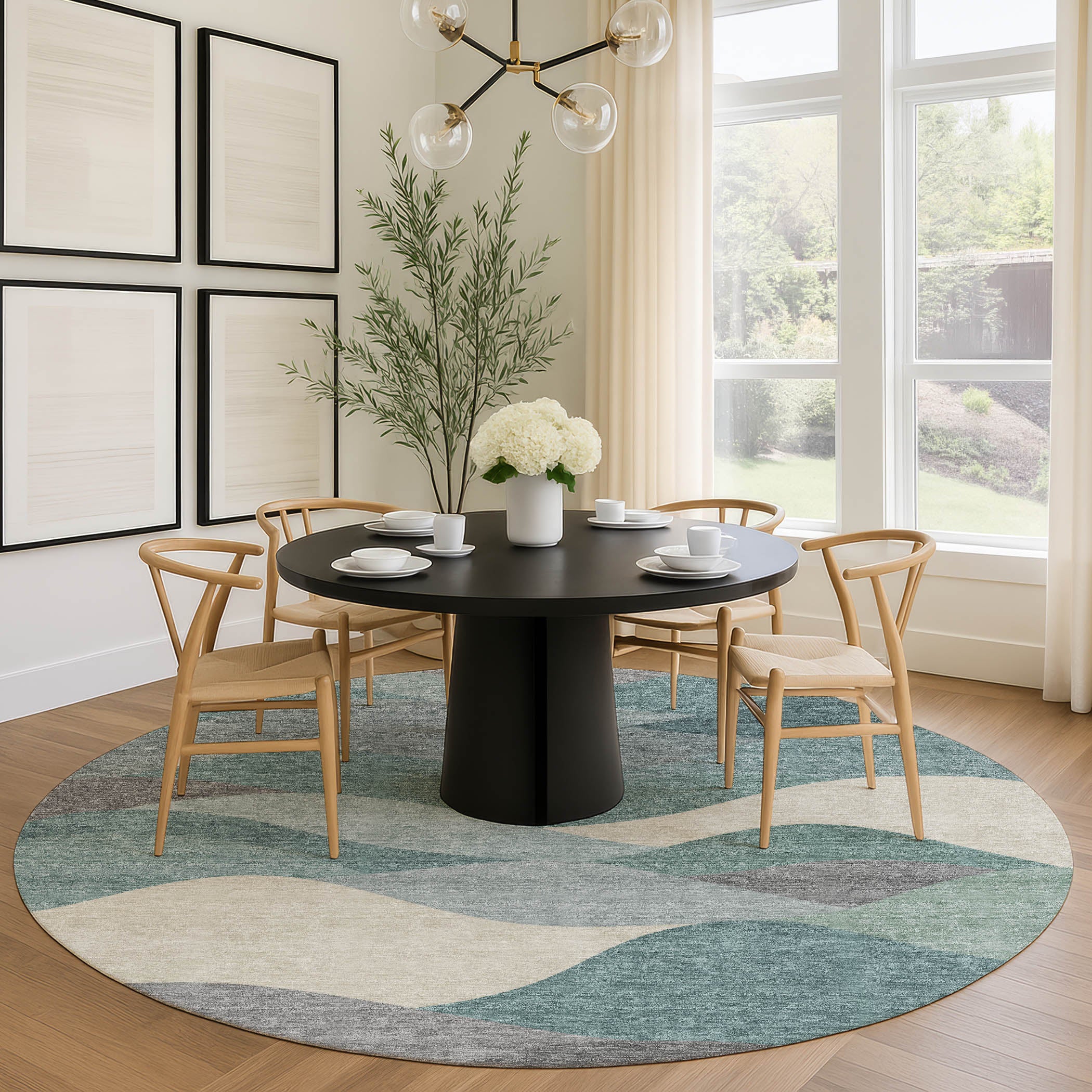 Prague Machine Washable Transitional Teal Rug 8' x 8' #shape_Round