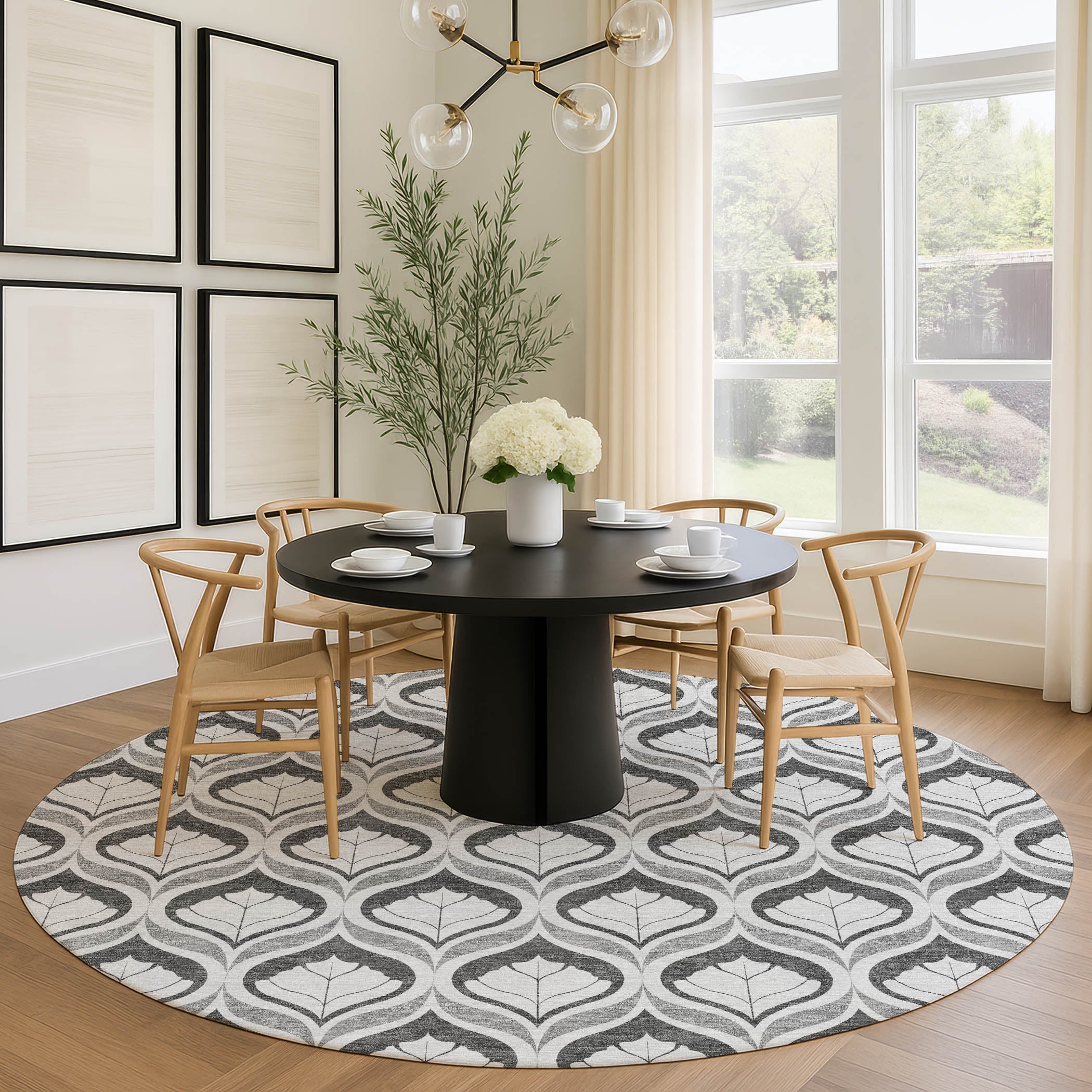 Bergen Machine Washable Transitional Charcoal Gray Rug 8' x 8' #shape_Round