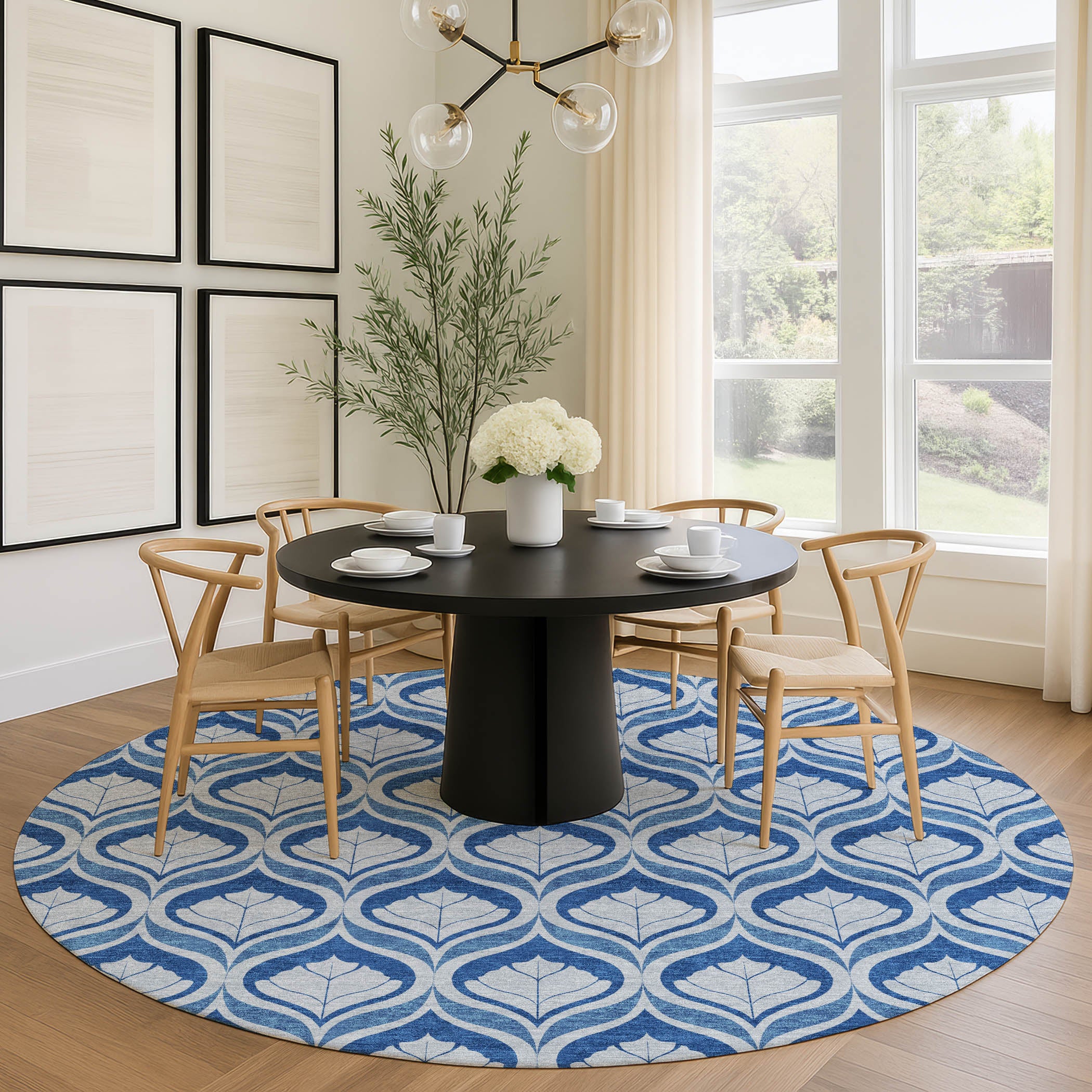 Bergen Machine Washable Transitional Navy Blue Rug 8' x 8' #shape_Round