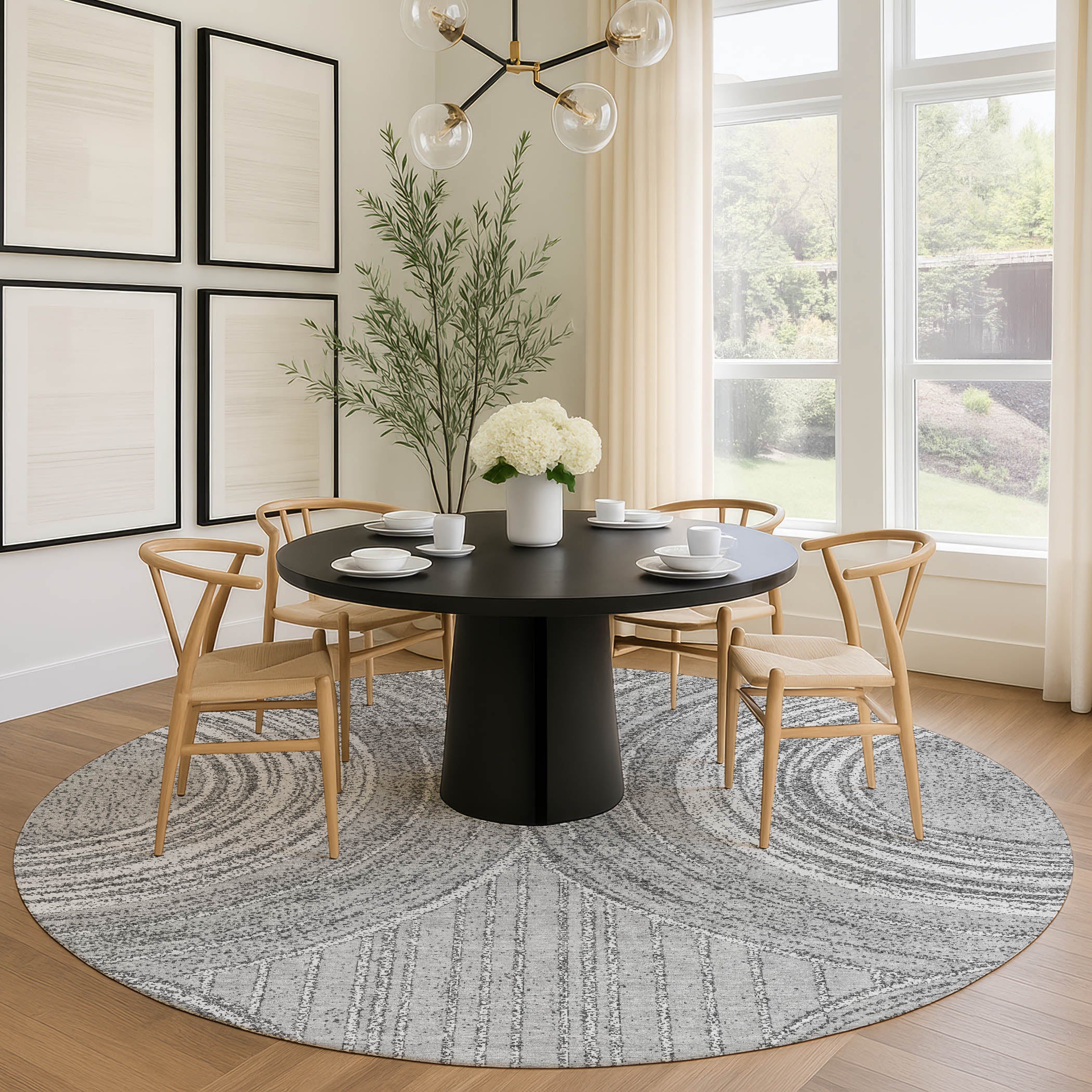 Reykjavik Machine Washable Transitional Charcoal Gray Rug 8' x 8' #shape_Round