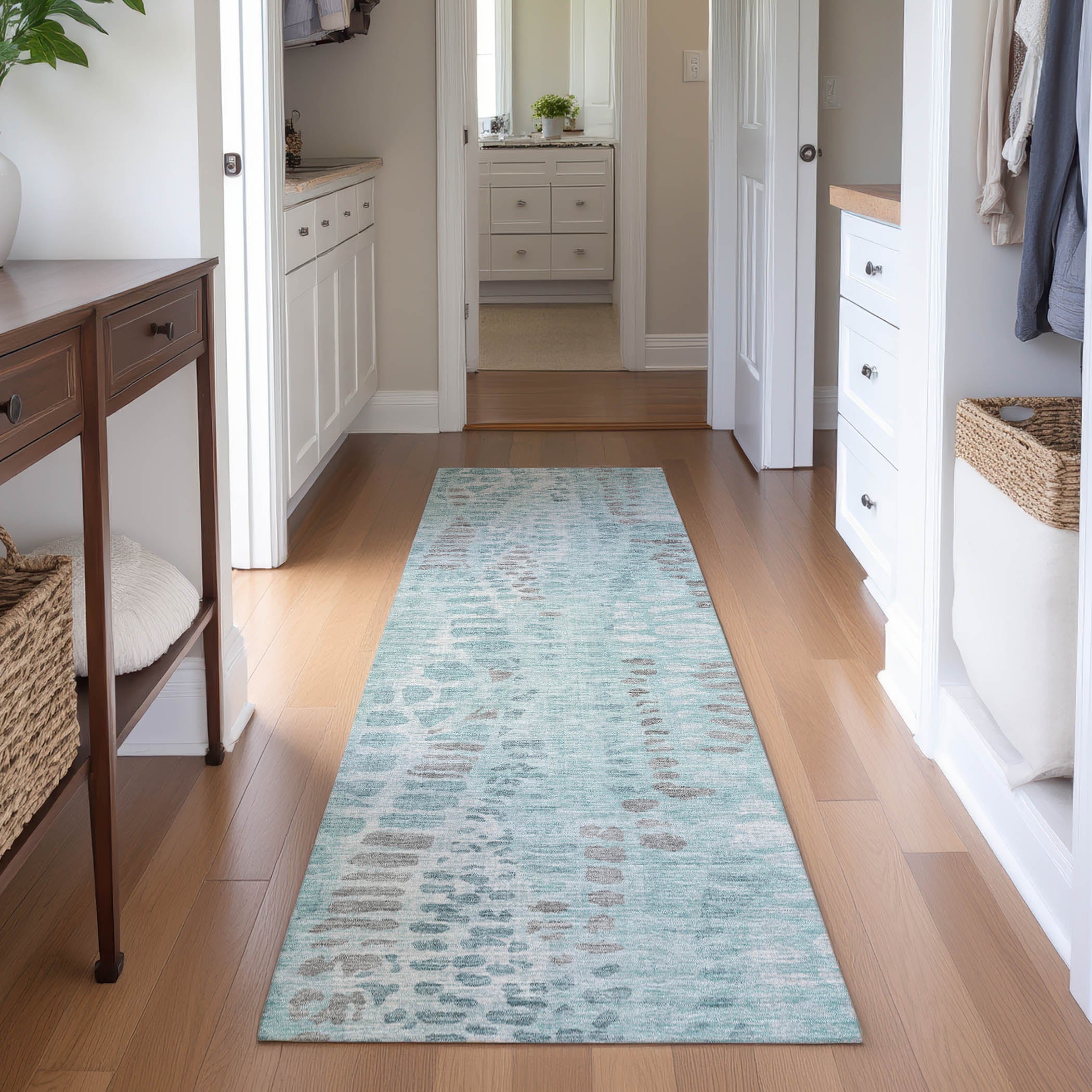 Montevideo Machine Washable Transitional Teal Rug 2'3" x 7'6" #shape_Runner