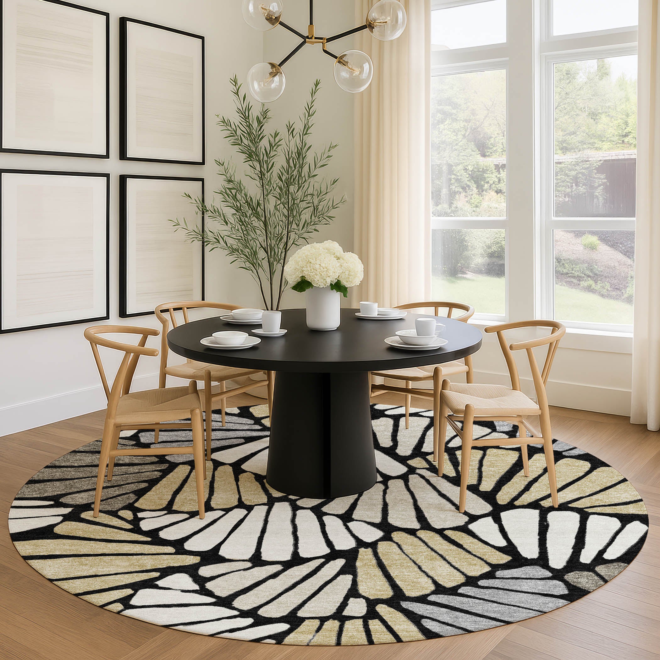 Luang Prabang Machine Washable Transitional Black Rug 8' x 8' #shape_Round