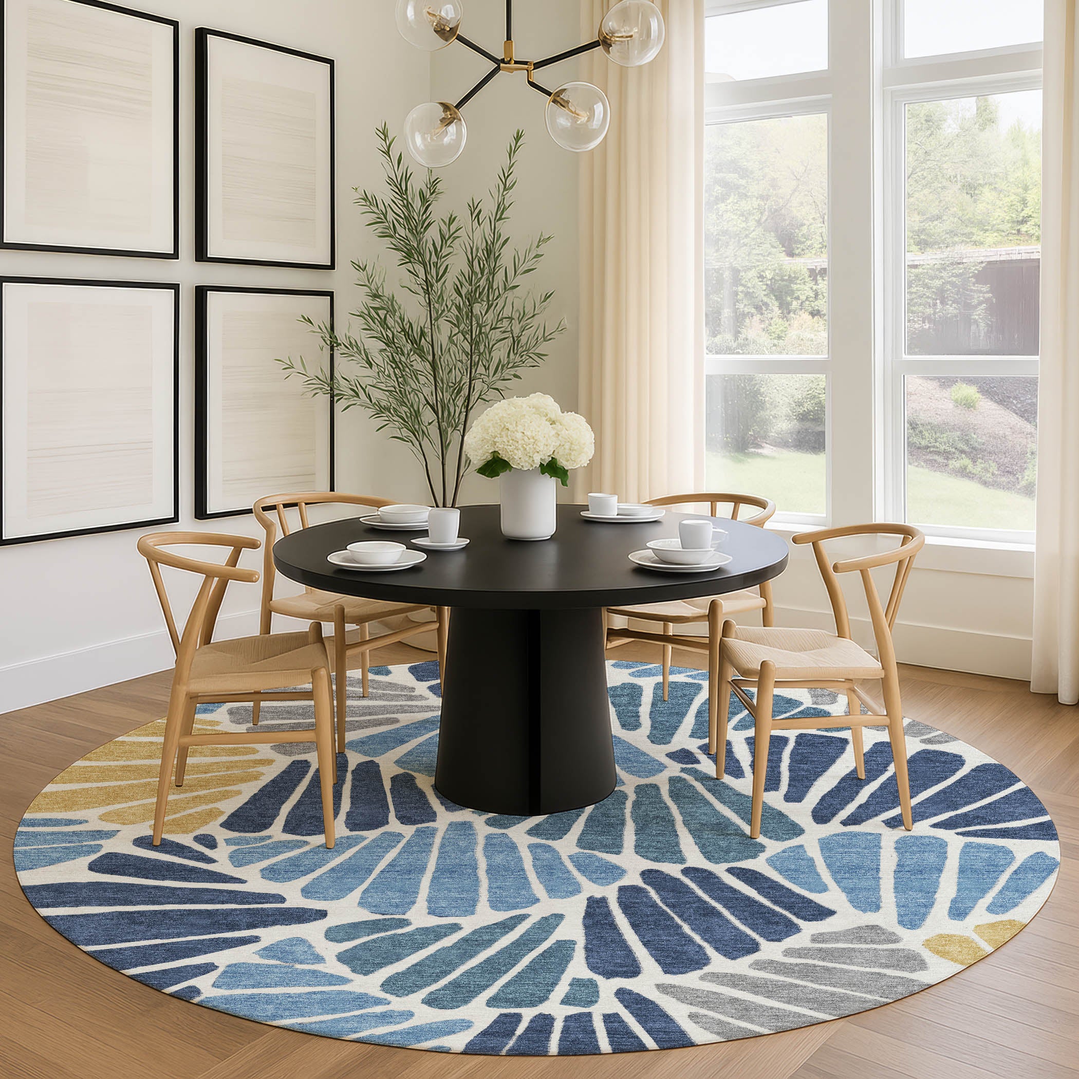 Luang Prabang Machine Washable Transitional Blue Rug 8' x 8' #shape_Round